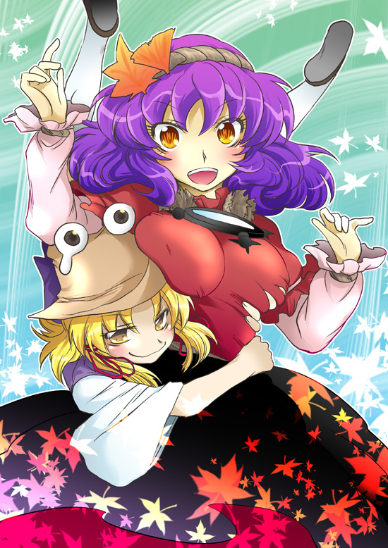 aku (dejigiga), moriya suwako, pyonta, yasaka kanako, touhou, bad id, bad pixiv id, 2girls, blonde hair, blush, breast rest, breasts, female focus, grabbing another's breast, groping, hair ornament, hair ribbon, hairband, hat, hug, large breasts, leaf, leaf hair ornament, maple leaf, mirror, multiple girls, orange eyes, purple hair, ribbon, short hair, smile, tears, yellow eyes