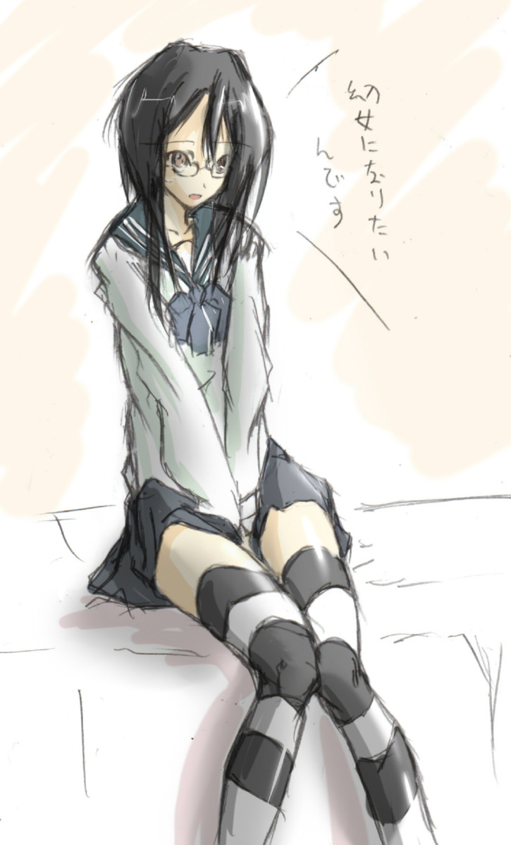 novemdecuple, highres, 1girl, bed, female focus, glasses, school uniform, skirt, solo, striped clothes, striped thighhighs, thighhighs, white background