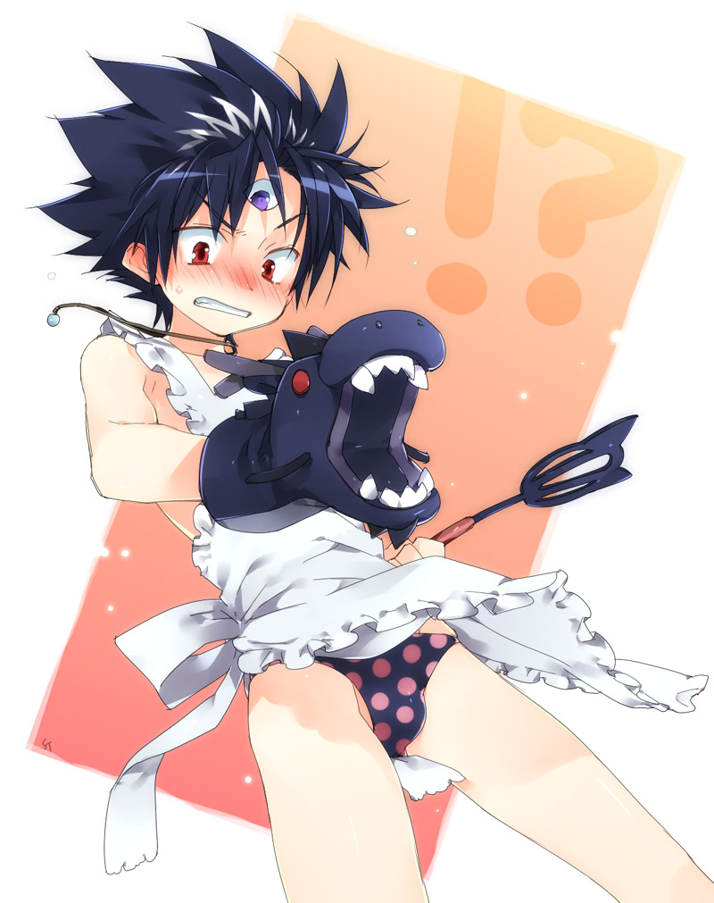 toujou sakana, hiei, yuu yuu hakusho, bad id, bad pixiv id, !?, 1boy, apron, black hair, blush, crossdressing, crossdressing (mtf), jewelry, male focus, necklace, panties, red eyes, short hair, shota, solo, spatula, spiked hair, third eye, underwear