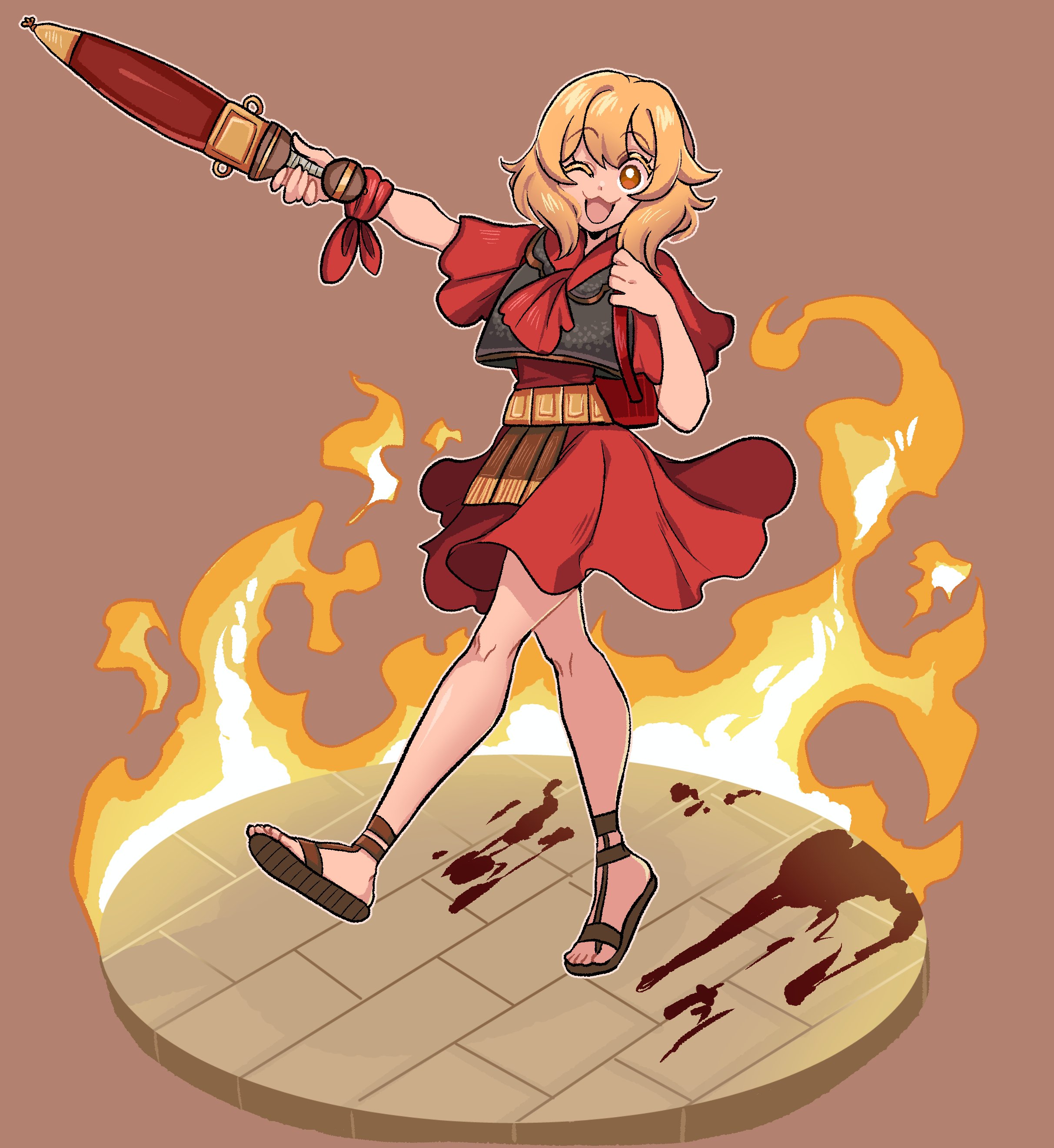 missandydandy, centurii-chan (character), original, absurdres, commentary, highres, symbol-only commentary, 1girl, ;3, ;d, bare legs, blonde hair, blood, blood splatter, borrowed character, brown background, full body, gladius, greco-roman clothes, holding, holding sword, holding weapon, looking at viewer, one eye closed, open mouth, red eyes, roman clothes, sandals, simple background, smile, solo, sword, weapon