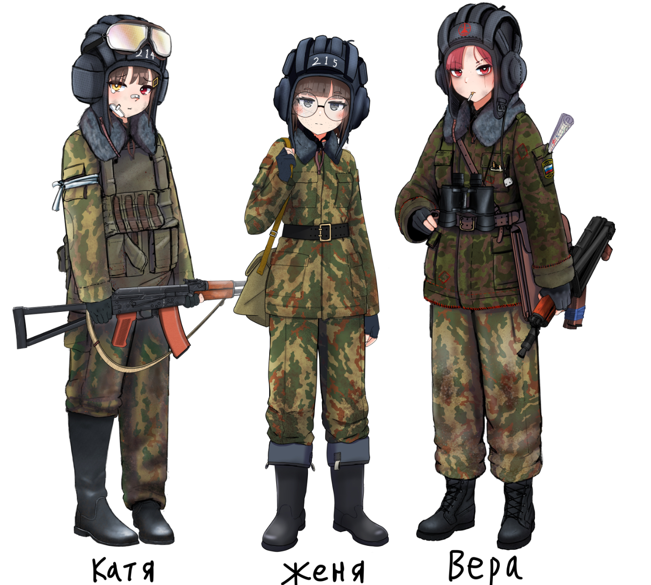 laitumidane, original, 3girls, akm, assault rifle, bandaid, bandaid on face, bandaid on nose, binoculars, black shoes, boots, brown hair, character name, glasses, goggles, goggles on headwear, grey eyes, gun, helmet, heterochromia, jacket, kalashnikov rifle, load bearing vest, looking at viewer, multiple girls, pink hair, red eyes, rifle, shoes, standing, tank helmet, weapon, white background, yellow eyes, zhenya (laitumidane)
