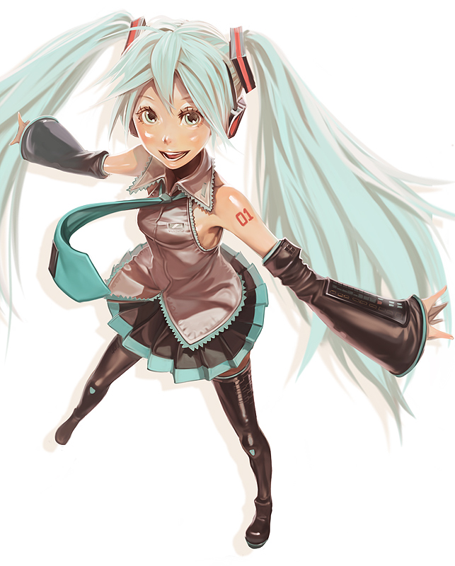 kichin yarou, hatsune miku, vocaloid, aqua eyes, aqua hair, detached sleeves, long hair, necktie, skirt, solo, thighhighs, twintails, very long hair