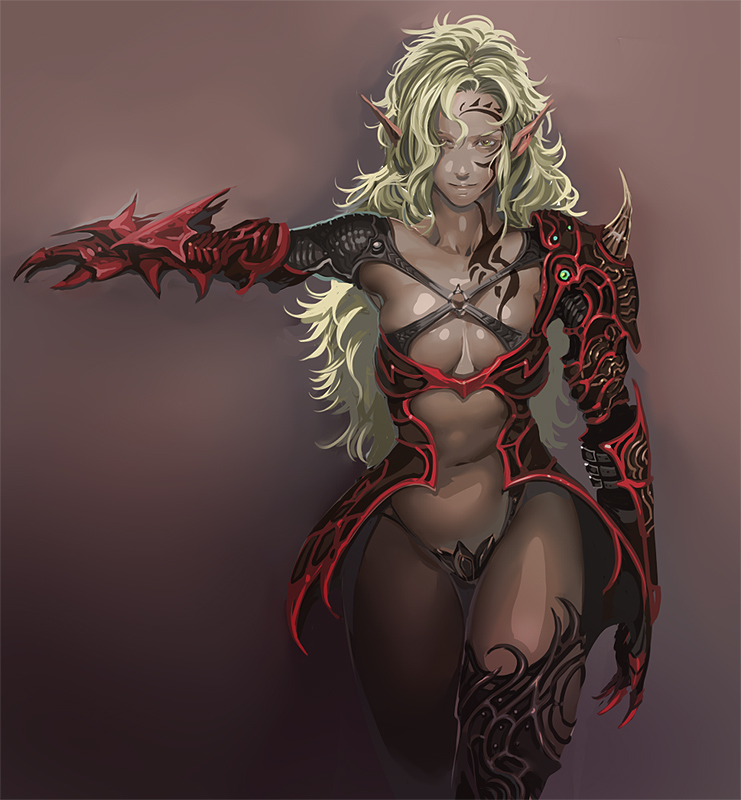 kichin yarou, original, 1girl, armor, artistic error, blonde hair, dark-skinned female, dark skin, elf, facial mark, female focus, long hair, pointy ears, single thighhigh, solo, thighhighs