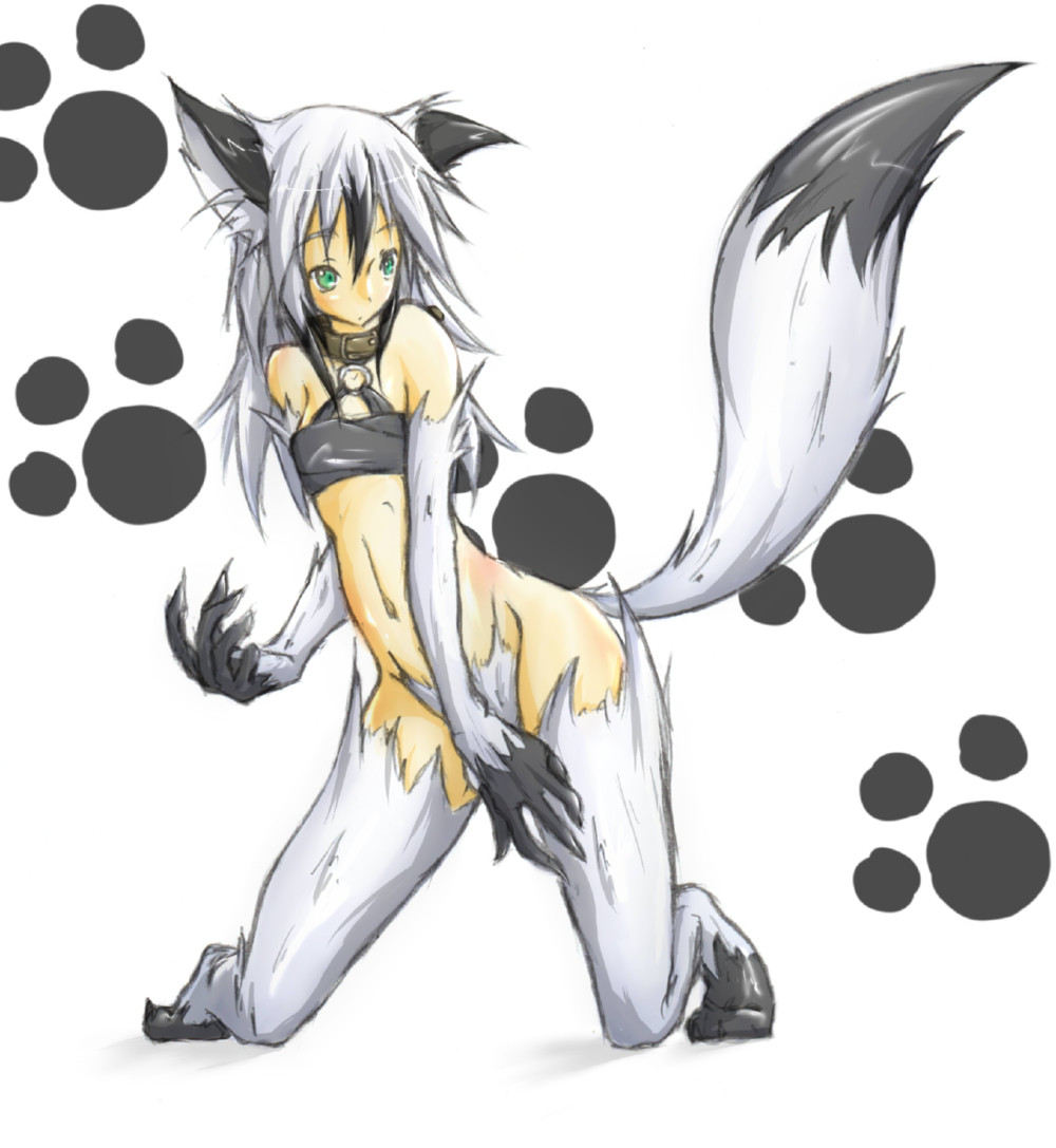 novemdecuple, original, fur, 1girl, animal ears, aqua eyes, collar, female focus, fox ears, fox tail, full body, kneeling, navel, solo, tail, white background