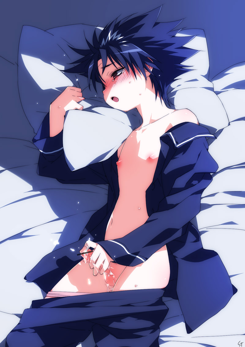toujou sakana, hiei, yuu yuu hakusho, bad id, 1boy, bar censor, bed, black hair, blush, censored, male focus, masturbation, open clothes, open mouth, open shirt, penis, pillow, red eyes, shirt, short hair, shota, solo, spiked hair, tears