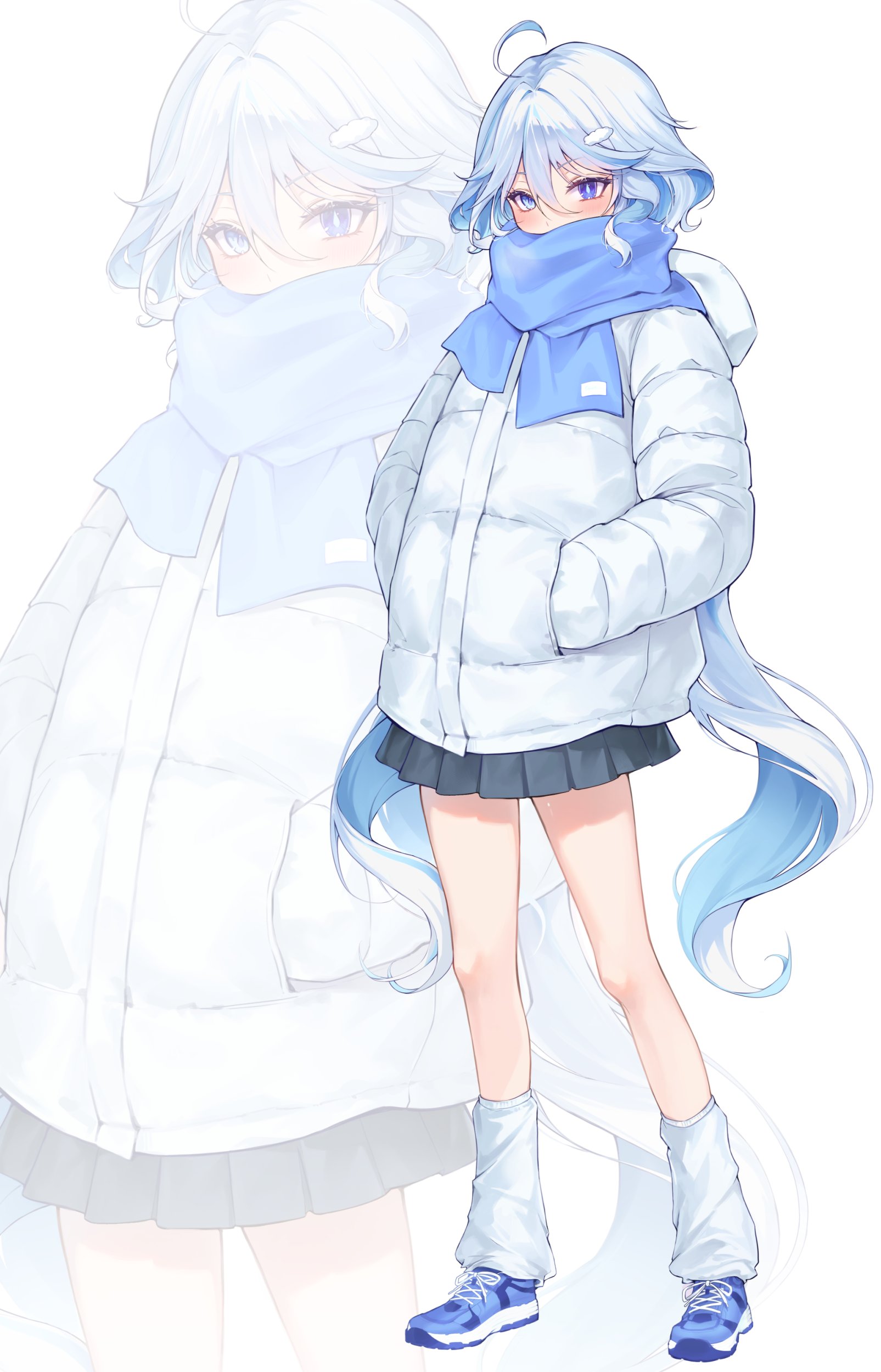 heeri, furina (genshin impact), genshin impact, absurdres, commentary, highres, 1girl, ahoge, alternate costume, black skirt, blue eyes, blue hair, blue scarf, blue shoes, blush, full body, hair between eyes, hair ornament, hairclip, hands in pockets, heterochromia, jacket, legs, long hair, mismatched pupils, multicolored shoes, scarf, shoes, simple background, skirt, sneakers, socks, solo, standing, two-tone shoes, very long hair, white background, white jacket, white shoes, white socks, zoom layer