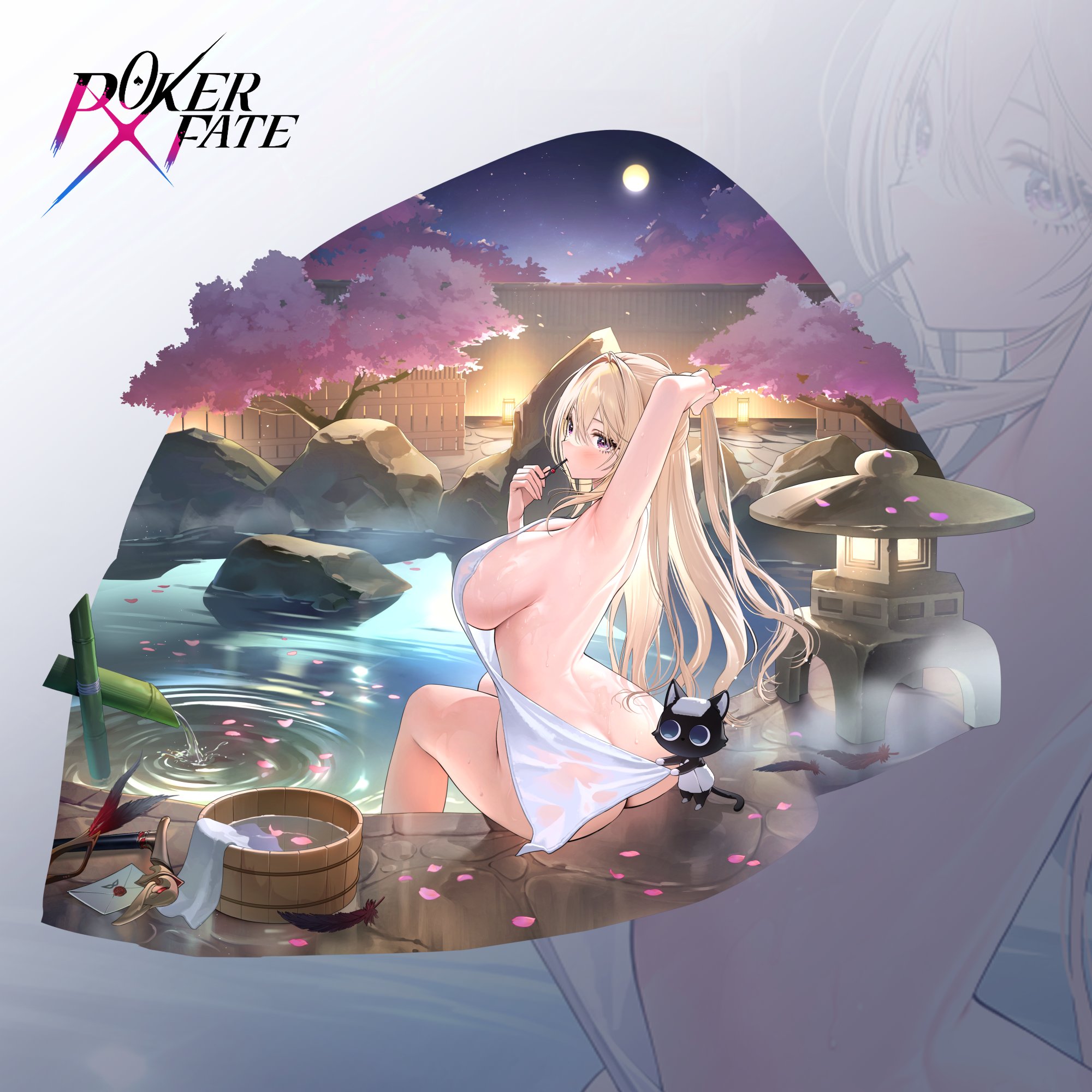 zhu yin (mannermana), poker fate, commentary request, highres, official art, 1girl, 1other, ass, bamboo, bath, bathing, black feathers, blonde hair, breasts, bucket, cane, cherry blossoms, chipy, copyright logo, copyright name, covering privates, eye mask, feathers, fence, floating flowers, full moon, hair between eyes, hairpin in mouth, karasuba sapphire, karasuba sapphire (last line of defense), large breasts, legs, letter, logo, long hair, looking at viewer, mask, moon, naked towel, night, nude, nude cover, official alternate costume, onsen, outdoors, petals, pouring, purple eyes, ripples, rock, shishi odoshi, sideboob, sitting, soaking feet, solo focus, souzu, steam, towel, towel around waist, towel on head, towel pull, tying hair, unworn eyewear, water, wet, wet towel, wooden bucket, wooden fence