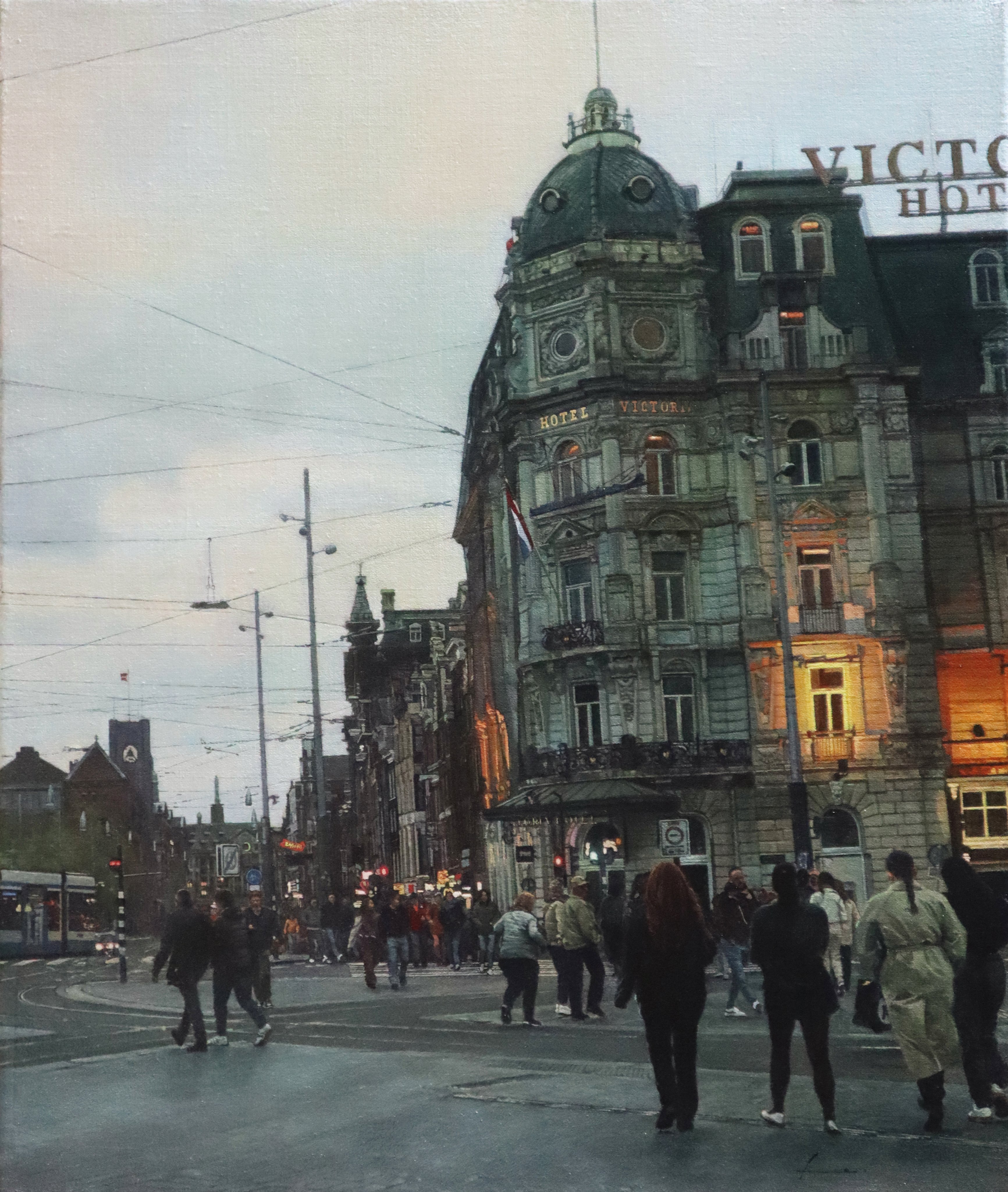 naohiro ito, original, absurdres, commentary request, highres, painting (medium), traditional media, apartment, building, clock, clock tower, day, overhead line, people, power lines, realistic, road, scenery, sidewalk, street, streetcar, tower, town, utility pole