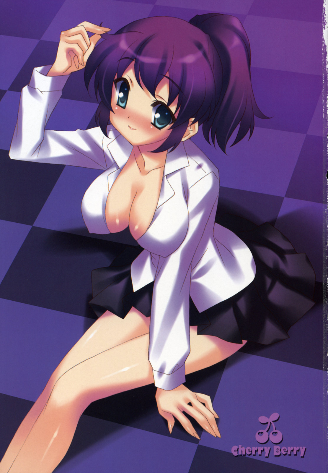 satomi hinako, henrietta de tristain, zero no tsukaima, highres, scan, 00s, blue eyes, breasts, cleavage, ponytail, purple hair, shirt, skirt