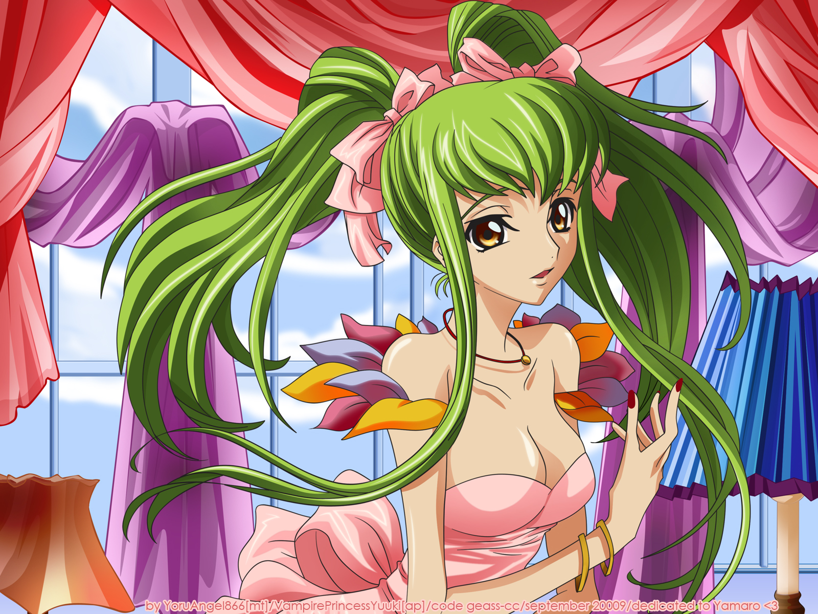 shiraishi asuka, c.c., code geass, microsoft windows, derivative work, highres, non-web source, vector trace, 00s, 1girl, bare shoulders, breasts, cleavage, curtains, dress, female focus, green hair, lamp, large breasts, long hair, pink dress, ribbon, solo, twintails, yellow eyes