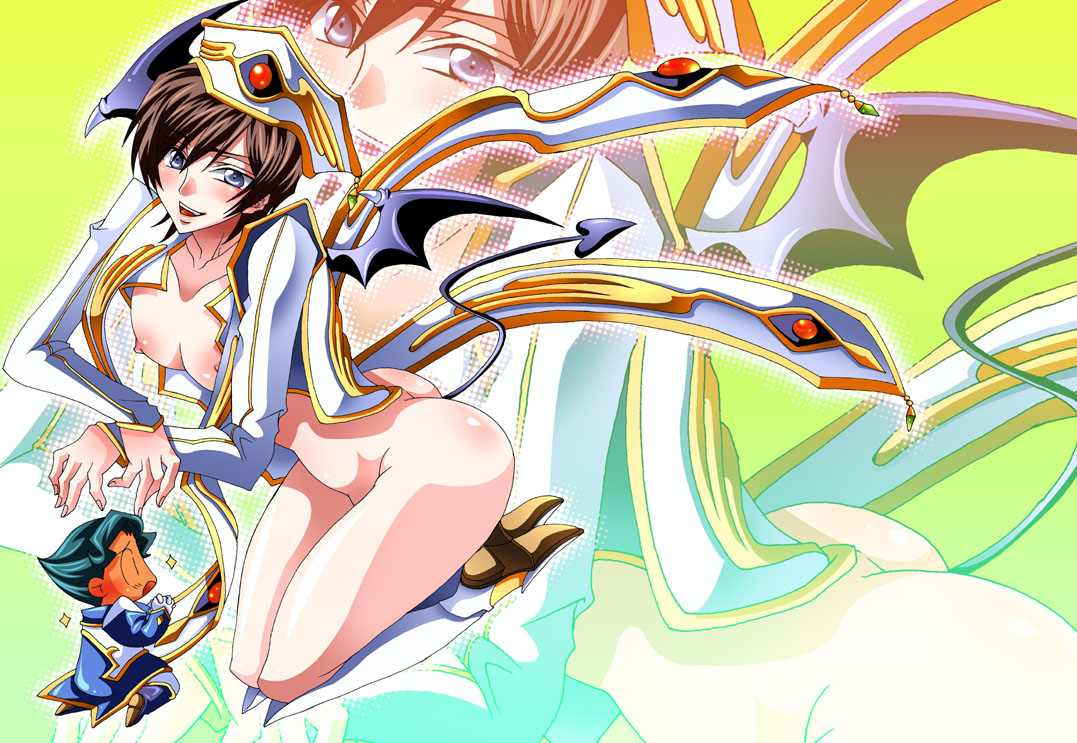 jeremiah gottwald, luluko, code geass, 00s, 1boy, 1girl, ass, bat wings, boots, breasts, brown hair, chibi, demon tail, genderswap, genderswap (mtf), hat, medium breasts, nipples, purple eyes, tail, undressing, wings