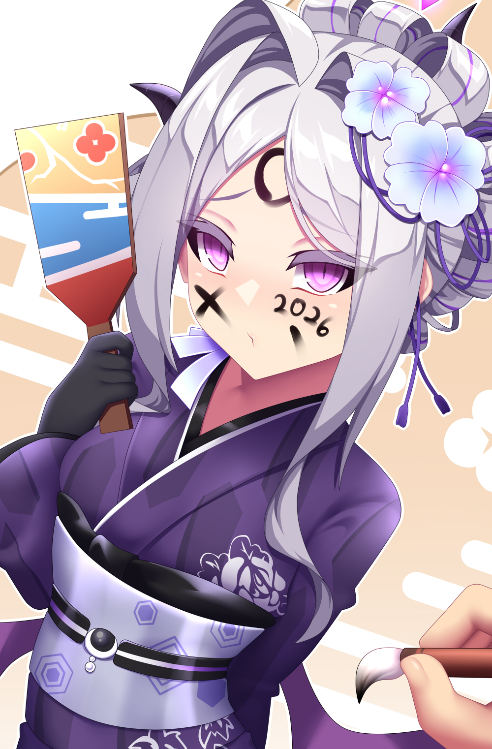 fi-san, hina (blue archive), blue archive, commentary, english commentary, highres, 1girl, 2026, breasts, demon girl, demon horns, demon wings, halo, horns, japanese clothes, kimono, long hair, looking at viewer, low wings, new year, official alternate costume, official alternate hairstyle, purple eyes, small breasts, upper body, white hair, wings