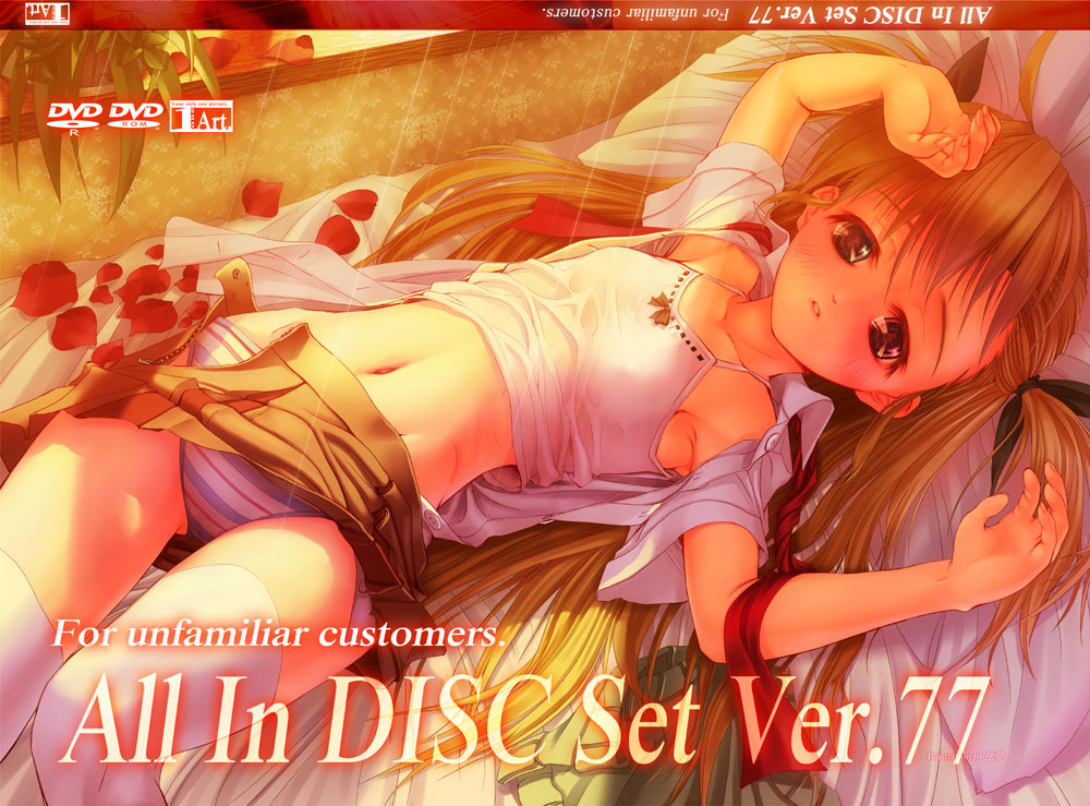 tom (1art.), vivio, lyrical nanoha, mahou shoujo lyrical nanoha, mahou shoujo lyrical nanoha strikers, mahou shoujo lyrical nanoha vivid, bad id, bad pixiv id, 00s, 10s, 1girl, blush, brown hair, camisole, female focus, heterochromia, lying, midriff, navel, on back, open clothes, open shirt, panties, petals, shirt, skirt, solo, striped clothes, striped panties, thighhighs, twintails, two side up, underwear