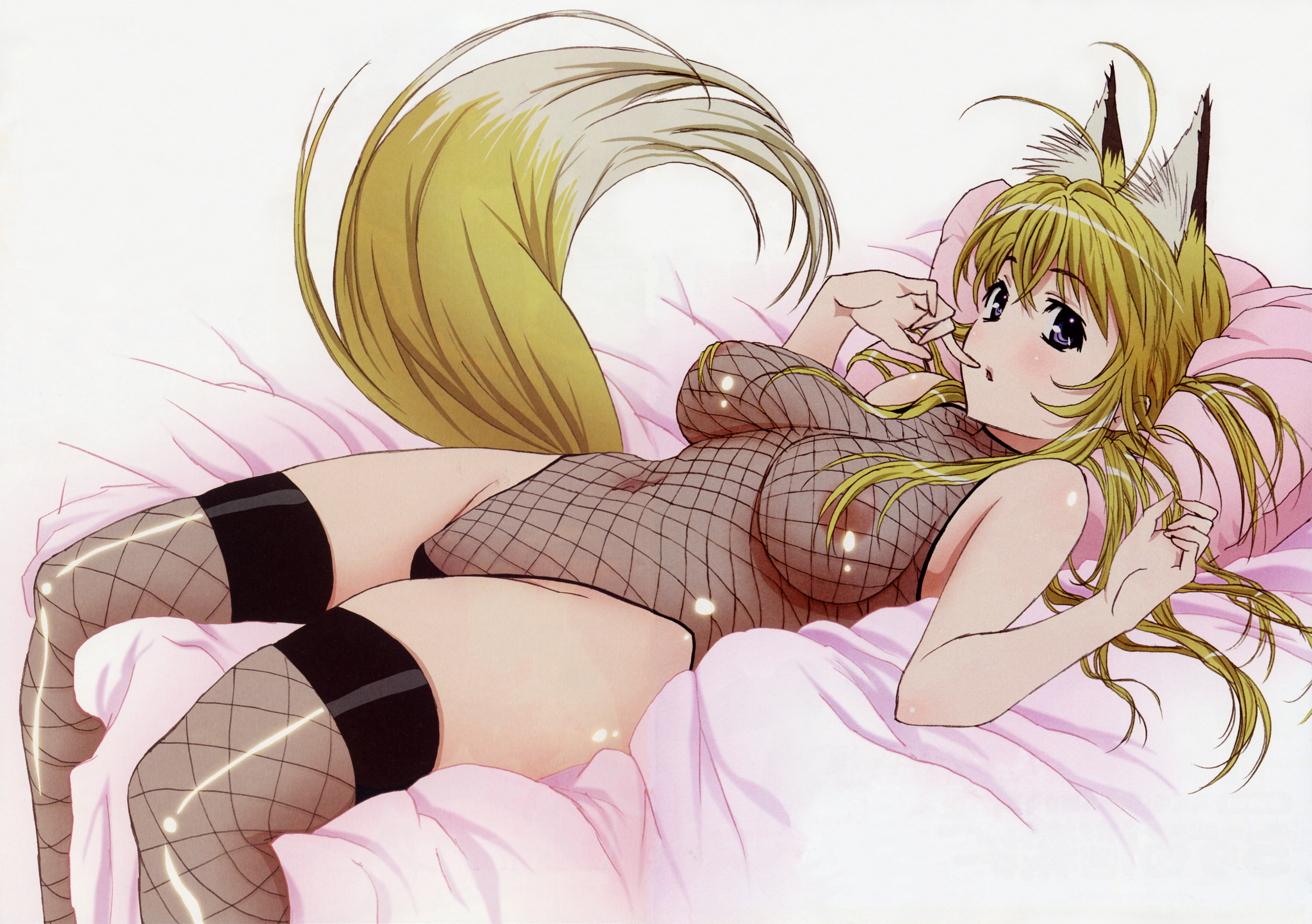 takami akio, minamoto chizuru, kanokon, detexted, highres, official art, scan, third-party edit, 00s, 1girl, ahoge, animal ears, antenna hair, bare shoulders, bed, bed sheet, blonde hair, blush, bodystocking, bodysuit, breasts, breasts apart, covered navel, female focus, finger to mouth, fishnet bodystocking, fishnet thighhighs, fishnet top, fishnets, fox ears, fox tail, from side, groin, halterneck, highleg, highleg leotard, indoors, large breasts, leotard, long hair, lying, no nose, on back, on bed, pillow, purple eyes, see-through clothes, see-through leotard, shiny clothes, solo, tail, thighhighs, turtleneck