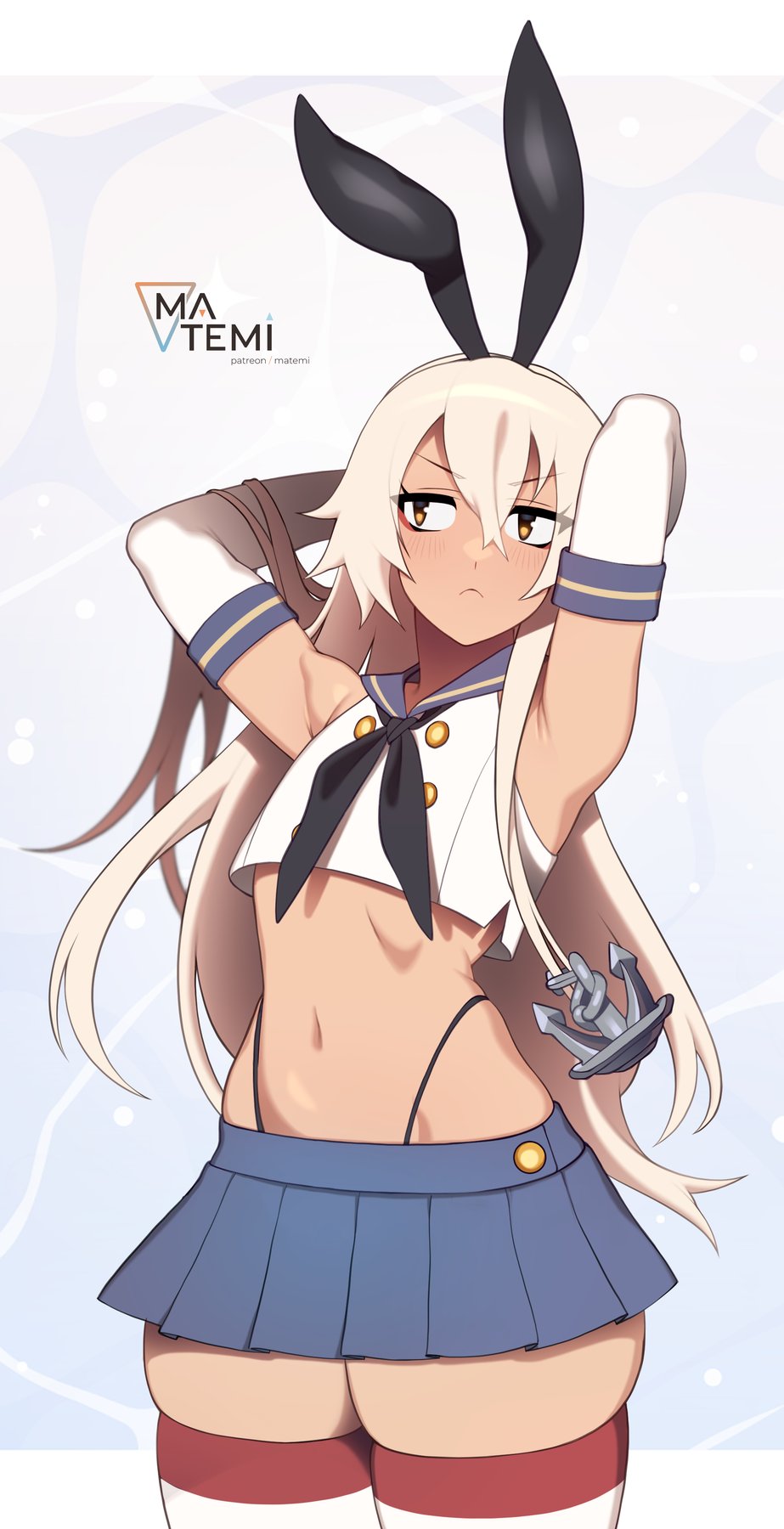 matemi, shimakaze (kancolle), kantai collection, commentary, english commentary, highres, 1girl, anchor hair ornament, arms behind head, black hairband, black neckerchief, black panties, blonde hair, blue sailor collar, blue skirt, crop top, dark-skinned female, dark skin, elbow gloves, gloves, grey eyes, hair ornament, hairband, highleg, highleg panties, long hair, microskirt, miniskirt, neckerchief, panties, pleated skirt, sailor collar, shirt, skirt, sleeveless, sleeveless shirt, solo, striped clothes, striped thighhighs, tan, thighhighs, underwear, white gloves