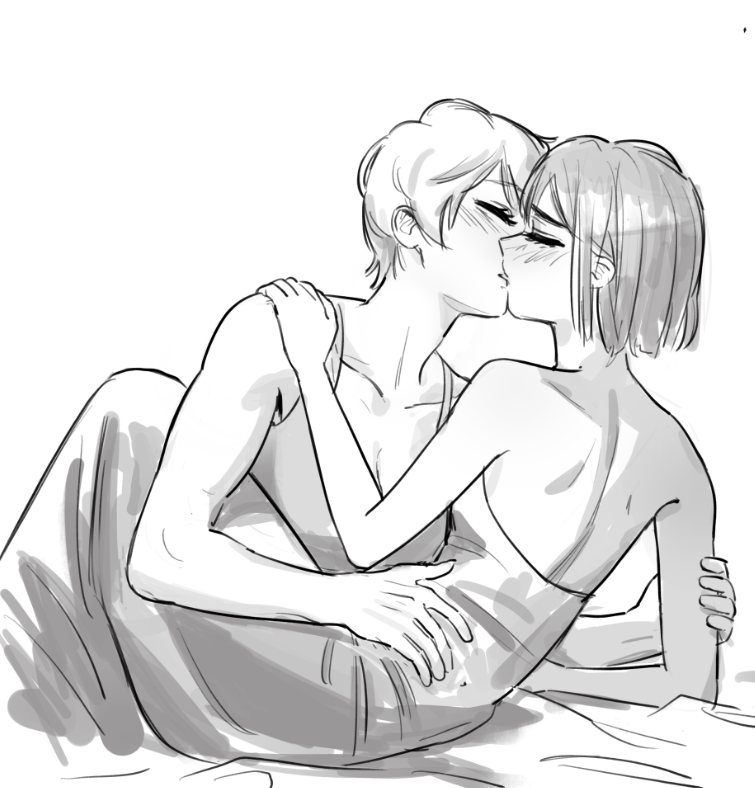 mizi (alien stage), sua (alien stage), alien stage, commentary, english commentary, 2girls, backless dress, backless outfit, bare arms, blush, breasts, cleavage, closed eyes, dress, greyscale, kiss, monochrome, multiple girls, short hair, strapless, strapless dress, valerie vie01, yuri