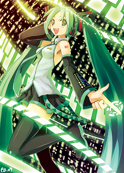 bailknight, hatsune miku, vocaloid, detached sleeves, green eyes, green hair, headphones, long hair, necktie, smile, solo, thighhighs, twintails, very long hair, zettai ryouiki
