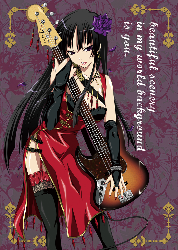 inui sekihiko, akiyama mio, k-on!, 00s, 1girl, bass guitar, black hair, breasts, bridal gauntlets, china dress, chinese clothes, cleavage, dress, english text, engrish text, female focus, fender (company), fender jazz bass, flower, garter straps, gloves, guitar, hair flower, hair ornament, instrument, jewelry, large breasts, lips, long hair, nail polish, necklace, purple eyes, ranguage, red nails, rose, side slit, solo, thighhighs