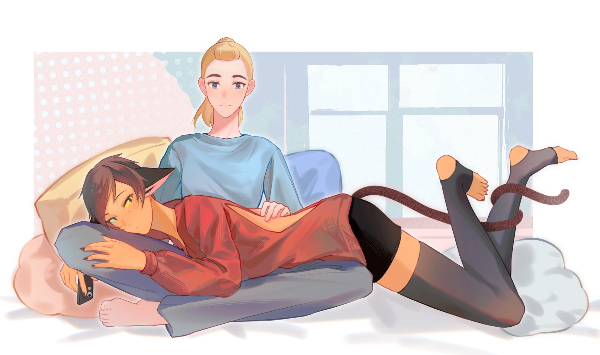 youliqy, adora (she-ra), catra, she-ra and the princesses of power, commentary request, highres, 2girls, animal ears, back cutout, black shorts, black thighhighs, blonde hair, blue shirt, blush, brown hair, cat ears, cat girl, cat tail, cellphone, closed mouth, clothing cutout, cushion, grey pants, heterochromia, holding, holding phone, indoors, long hair, lying on lap, multiple girls, pants, phone, ponytail, red sweater, shirt, shorts, smartphone, smile, sweater, tail, thighhighs, yellow eyes, yuri