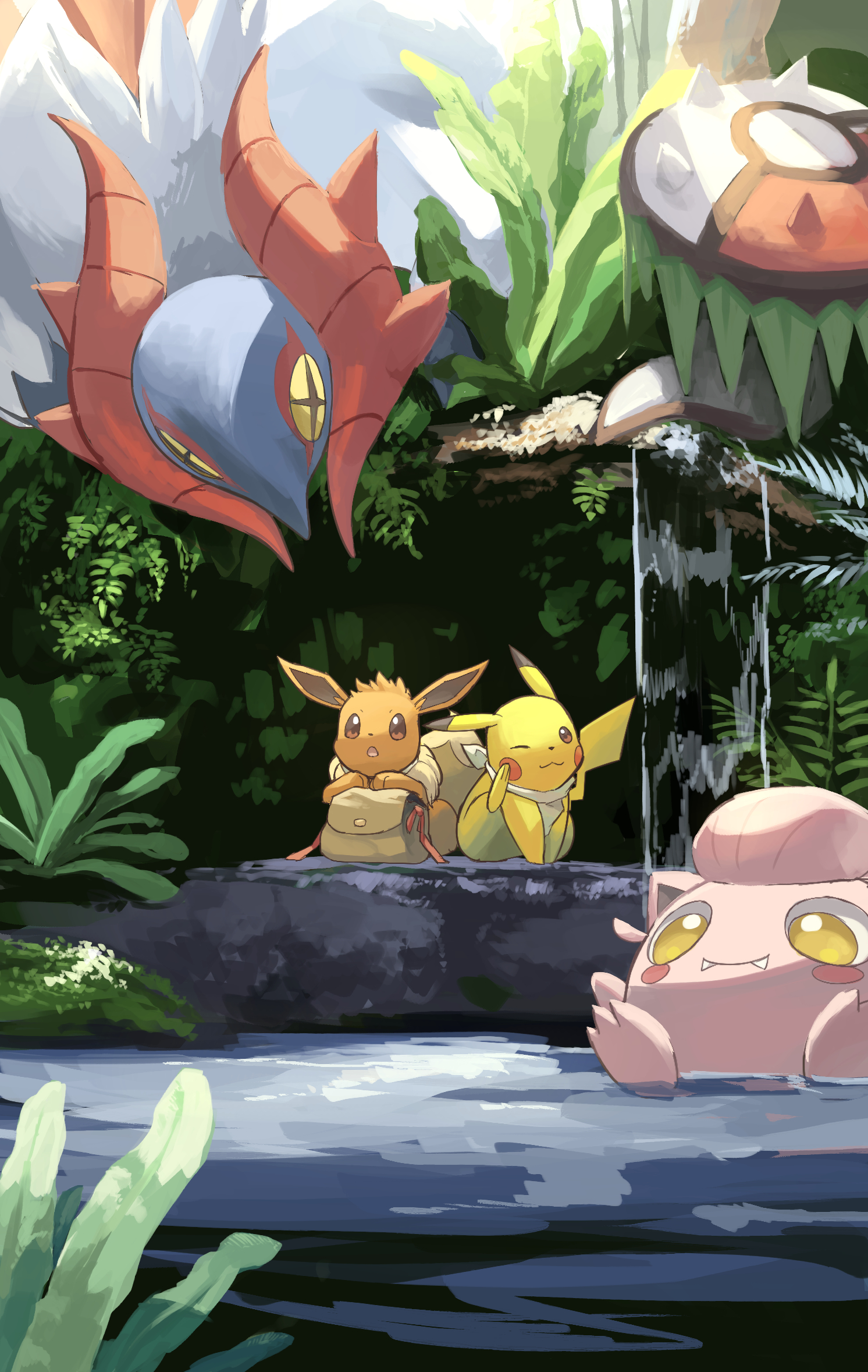 yamaori (hakkentai pokedan), brute bonnet, eevee, pikachu, scream tail, slither wing, nintendo, pokemon, commentary request, highres, backpack, bag, brown background, closed mouth, clothed pokemon, fangs, fern, gen 1 pokemon, no humans, on rock, one eye closed, open mouth, outdoors, pokemon (creature), pokemon focus, rock, scarf, spikes, water, white scarf, yellow eyes