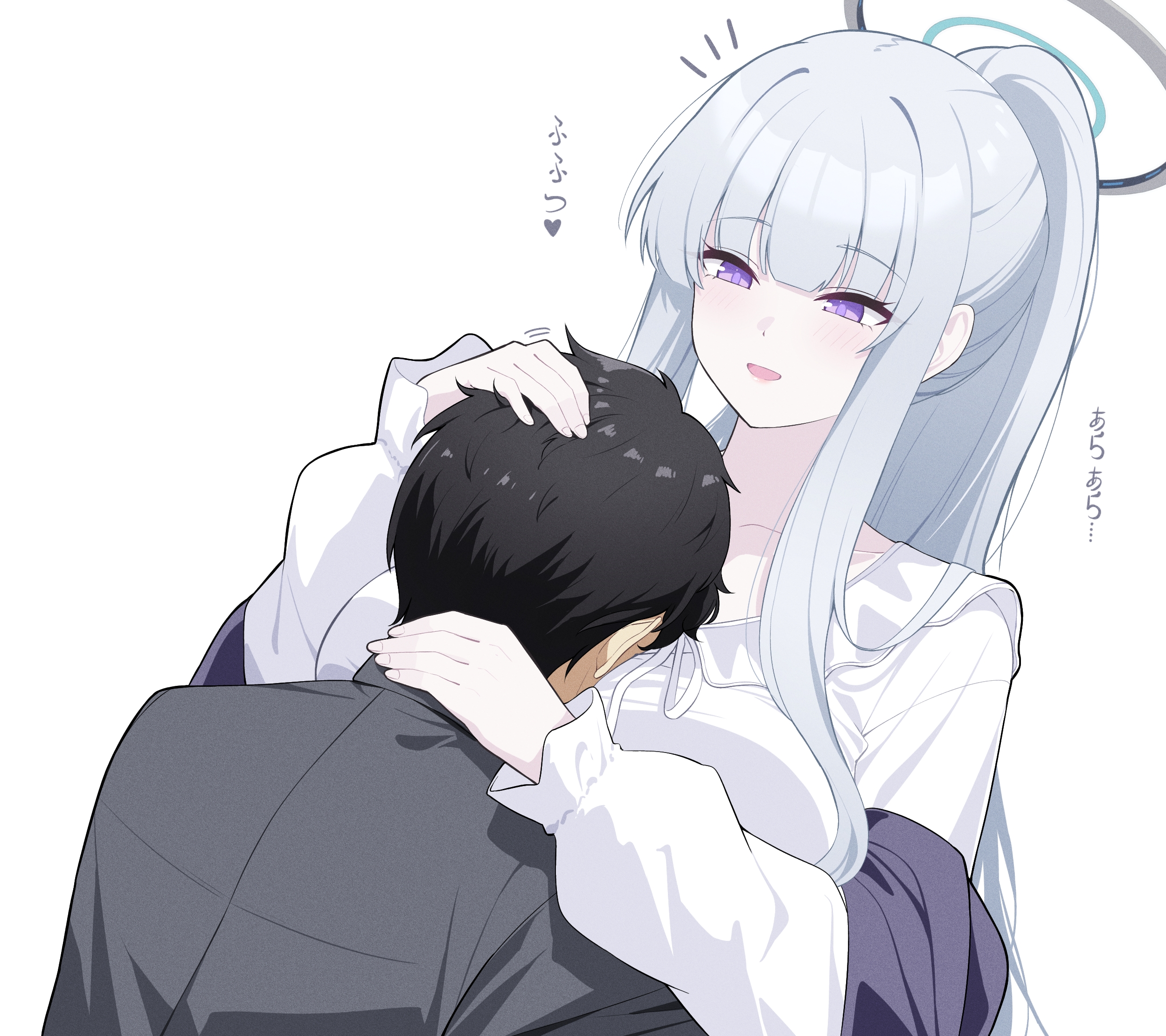reia 76, noa (blue archive), noa (pajamas) (blue archive), sensei (blue archive), blue archive, commentary, highres, translation request, 1girl, black hair, blush, breasts, collarbone, grey hair, grey halo, halo, hand on another's head, hetero, long hair, long sleeves, mechanical halo, medium breasts, official alternate costume, open mouth, pajamas, petting, ponytail, purple eyes, short hair, simple background, white background, white pajamas