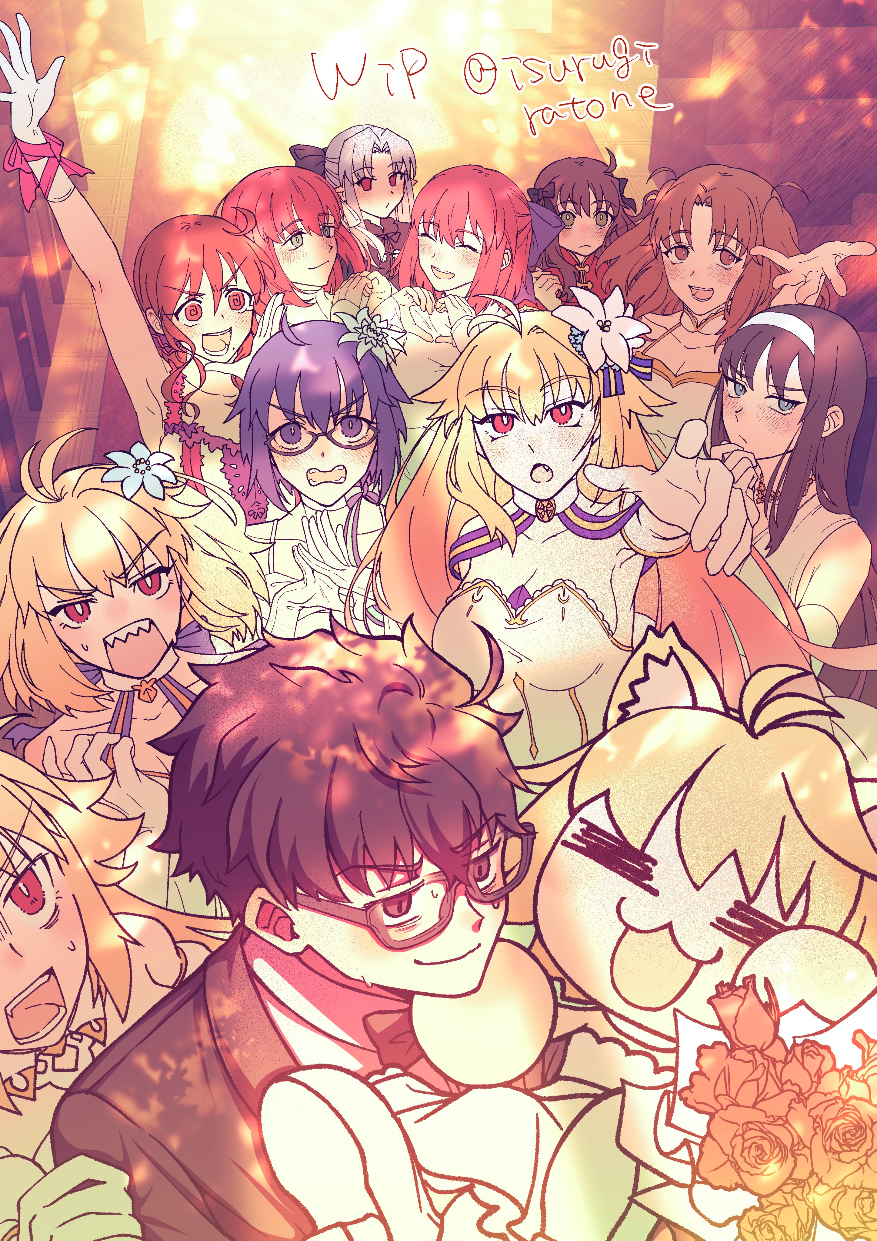 isurugiratone, archetype earth, archetype earth (third ascension), arcueid brunestud, arcueid brunestud (mooncancer), arima miyako, ciel (tsukihime), dead apostle noel (tsukihime), hisui (tsukihime), kohaku (tsukihime), len (tsukihime), neco-arc, noel (tsukihime), tohno akiha, tohno shiki, yumizuka satsuki, fate/grand order, fate (series), kagetsu tooya, melty blood, melty blood: type lumina, tsukihime, tsukihime (remake), absurdres, commentary request, highres, unfinished, 1boy, 6+girls, :d, ahoge, animal ears, arm up, armpits, bare shoulders, black bow, black hair, blonde hair, blue bow, blue eyes, blue hair, bouquet, bow, breasts, bride, brown hair, capelet, cat ears, cat girl, chinese clothes, cleavage, closed eyes, cosplay, curtained hair, dead apostle noel (tsukihime) (cosplay), detached sleeves, dress, elbow gloves, everyone, flower, formal clothes, glasses, gloves, grabbing another's shoulder, green eyes, groom, hair between eyes, hair intakes, hairband, harem, long hair, mole, mole under mouth, multiple girls, multiple persona, nervous sweating, open mouth, pink bow, pointy ears, purple dress, reaching, reaching towards viewer, red eyes, self cosplay, sharp teeth, short hair, siblings, sidelocks, sisters, smile, suit, sweat, teeth, twins, two side up, wavy hair, white dress, white gloves, wrist cuffs