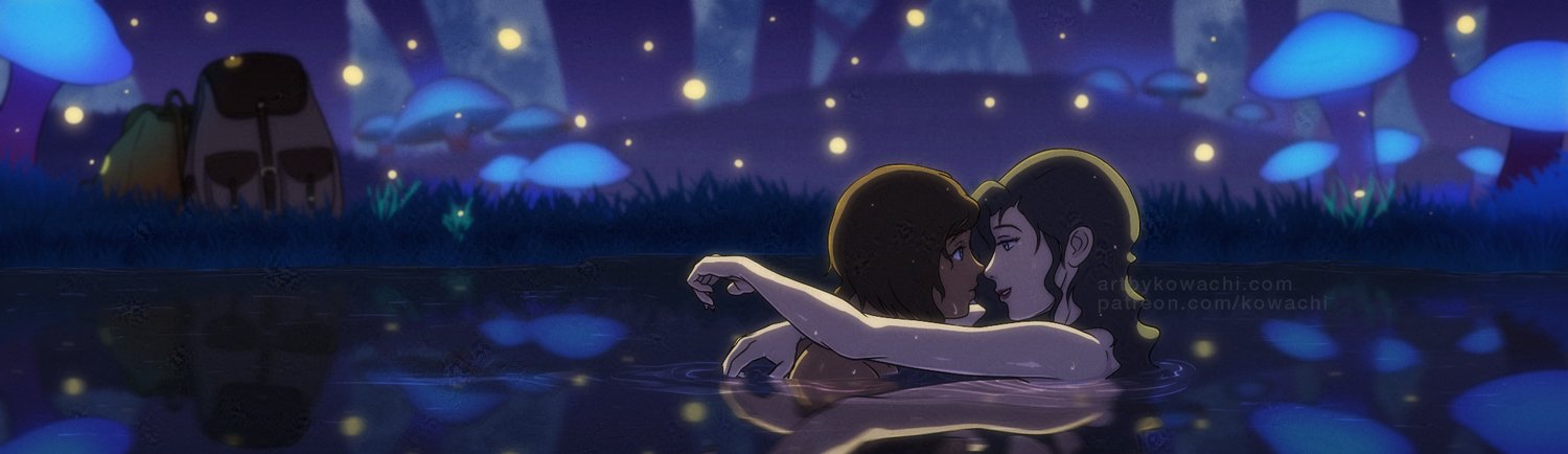 kowachi, asami sato, korra, avatar legends, the legend of korra, alt text, commentary, english commentary, 2girls, arms around neck, backpack, bag, black hair, brown hair, dark-skinned female, dark skin, eye contact, fireflies, long hair, looking at another, multiple girls, mushroom, night, nude, outdoors, parted lips, partially submerged, red lips, same-sex bathing, shared bathing, short hair, skinny dipping, water, yuri