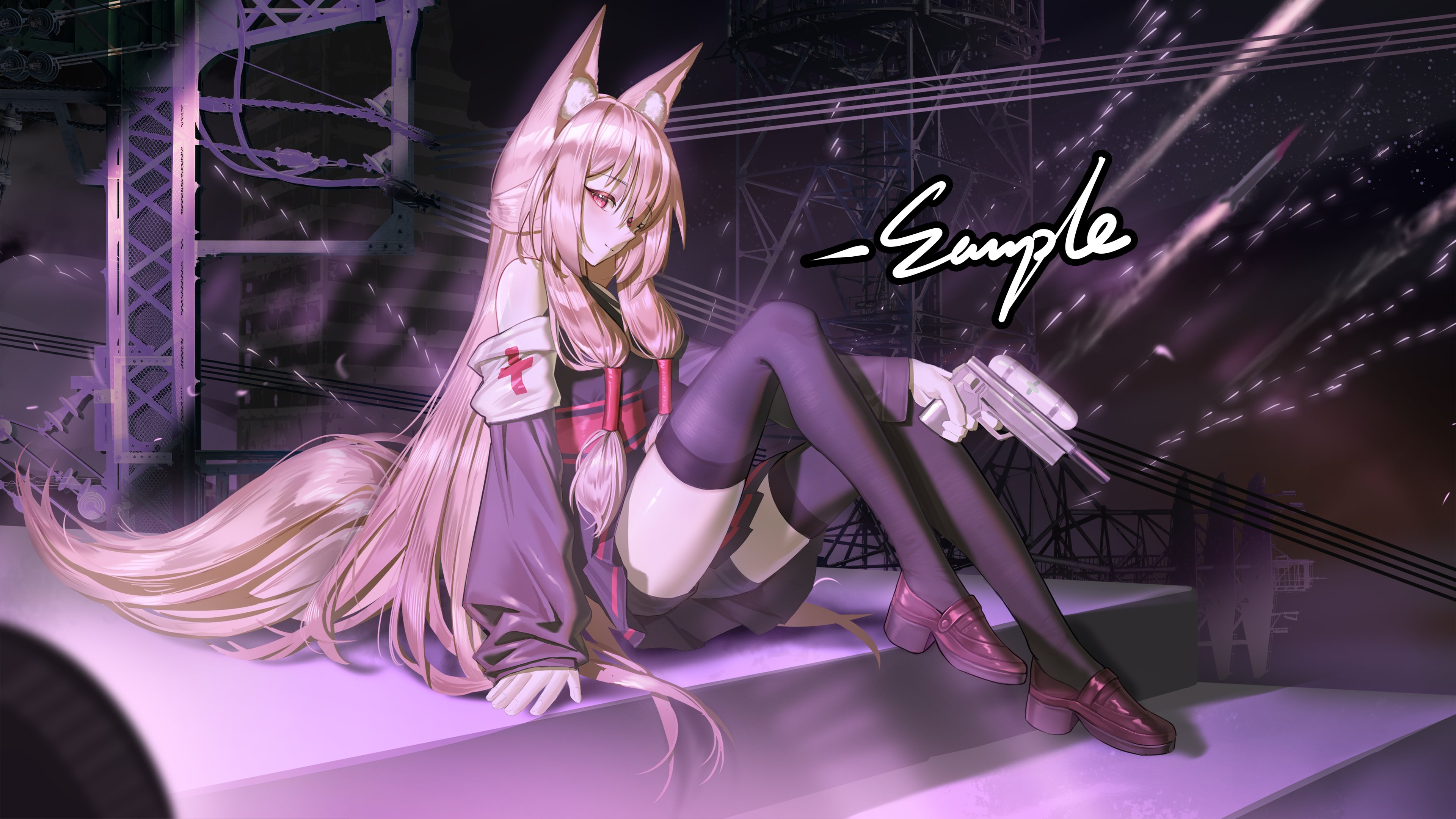 shale, original, absurdres, commentary, commission, highres, vgen commission, 1girl, aemikyo (oc), animal ear fluff, animal ears, armband, black dress, black sleeves, black thighhighs, blonde hair, brown shoes, closed mouth, detached sleeves, dress, fox ears, fox girl, fox tail, full body, gun, hair between eyes, holding, holding gun, holding weapon, legs, long hair, looking at viewer, outdoors, red cross armband, red eyes, sample watermark, shoes, sidelocks, sitting, sitting on stairs, solo, stairs, tail, thighhighs, thighs, watermark, weapon, white armband