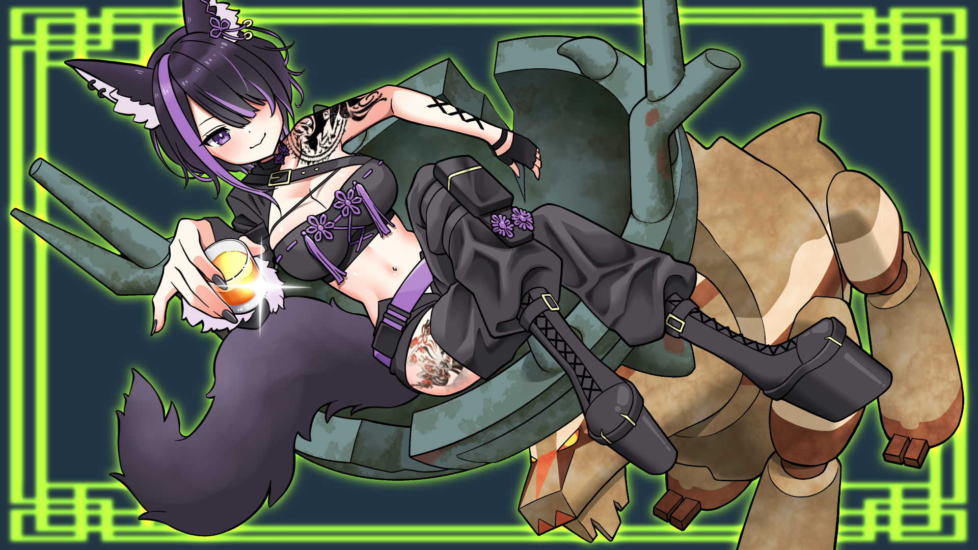 risapaso, ting-lu (pokemon), nintendo, original, pokemon, commentary request, commission, highres, skeb commission, 1girl, animal ear fluff, animal ears, arm tattoo, belt, black boots, black gloves, black hair, black nails, black pants, blush, boots, breasts, cleavage, closed mouth, cup, drink, eyelashes, fingerless gloves, fingernails, glint, gloves, hair over one eye, holding, holding cup, holding drink, leg tattoo, midriff, multicolored hair, nail polish, navel, pants, pokemon (creature), purple belt, purple eyes, purple hair, short hair, shoulder tattoo, single bare shoulder, smile, streaked hair, tattoo, two-tone hair