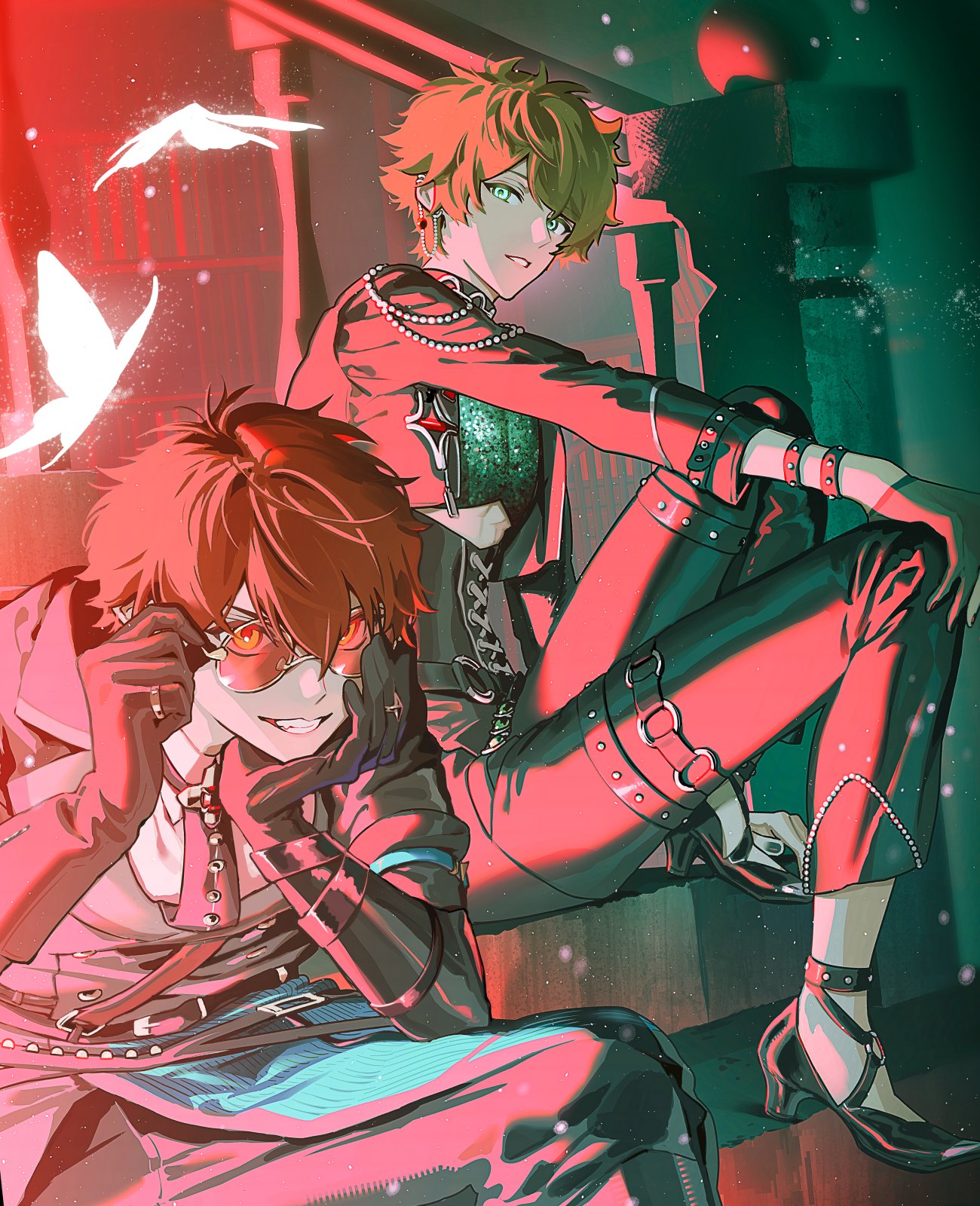 morisawa chiaki, takamine midori, ensemble stars!, commentary request, highres, 2boys, adjusting eyewear, beads, belt buckle, bespectacled, black gloves, bracelet, brown hair, buckle, bug, butterfly, butterfly (ensemble stars!), clenched teeth, corset, evil telephone (ensemble stars!), glasses, gloves, green eyes, hair between eyes, hand on own knee, hands up, high heels, insect, jewelry, long sleeves, looking at viewer, male focus, multiple boys, pants, parted lips, ring, round eyewear, sac desu, short hair, sitting, sitting on stairs, smile, stairs, teeth