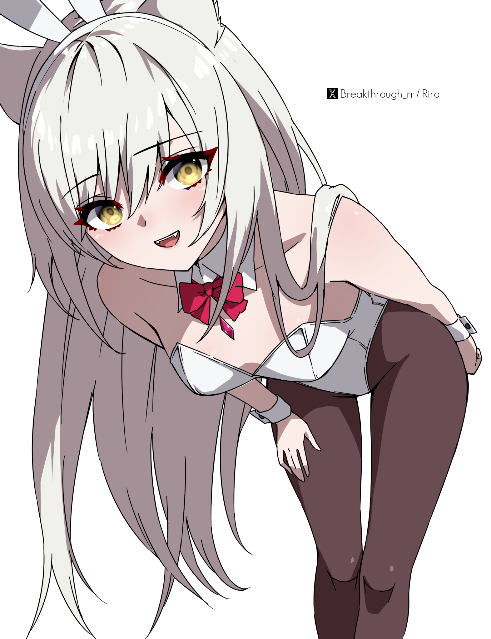 riro (breakthrough rr), m (xenoblade), xenoblade chronicles (series), xenoblade chronicles 3, commentary request, highres, 1girl, animal ear hairband, animal ears, black pantyhose, bow, bowtie, cat ears, detached collar, fake animal ears, fang, feet out of frame, hairband, leaning forward, leotard, long hair, pantyhose, playboy bunny, rabbit ears, red bow, red bowtie, simple background, solo, strapless, strapless leotard, white background, white hair, white leotard, wrist cuffs, yellow eyes