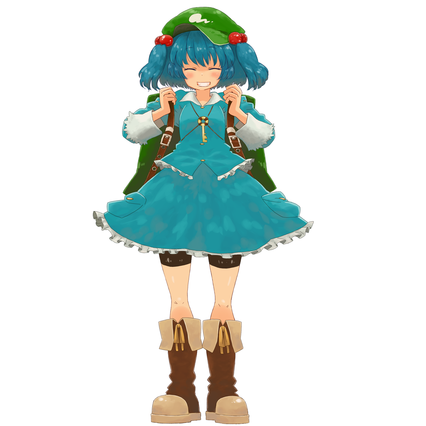 matsutani, kawashiro nitori, touhou, bad id, bad pixiv id, highres, 1girl, closed eyes, female focus, full body, hair bobbles, hair ornament, hat, short hair, solo, standing, transparent background, two side up