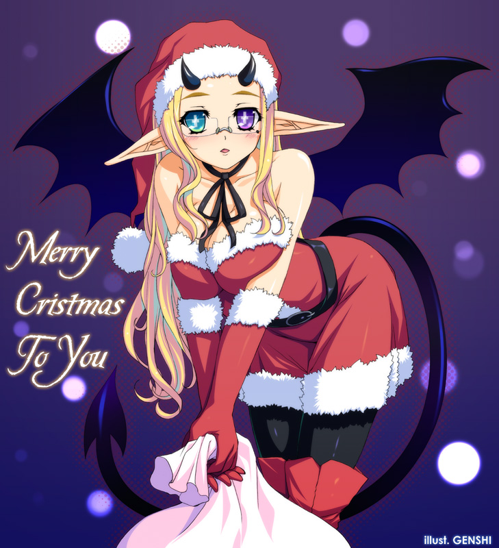 genshi, original, bad id, bad pixiv id, + +, 1girl, bare shoulders, blonde hair, blush, boots, breasts, choker, christmas, cleavage, covered erect nipples, cross, demon girl, demon tail, demon wings, elbow gloves, english text, engrish text, female focus, glasses, gloves, green eyes, hat, heterochromia, horns, large breasts, leaning forward, mole, mole under eye, neck ribbon, pantyhose, pointy ears, purple eyes, ranguage, red gloves, ribbon, ribbon choker, santa costume, santa hat, solo, tail, thigh boots, thighhighs, wings