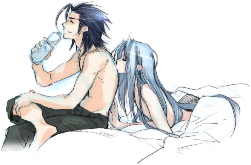 toujou sakana, sephiroth, zack fair, final fantasy, final fantasy vii, silver hair, 1990s (style), 2boys, black hair, bottle, drinking, kiss, long hair, lying, male focus, multiple boys, sitting, topless male, very long hair, water, yaoi