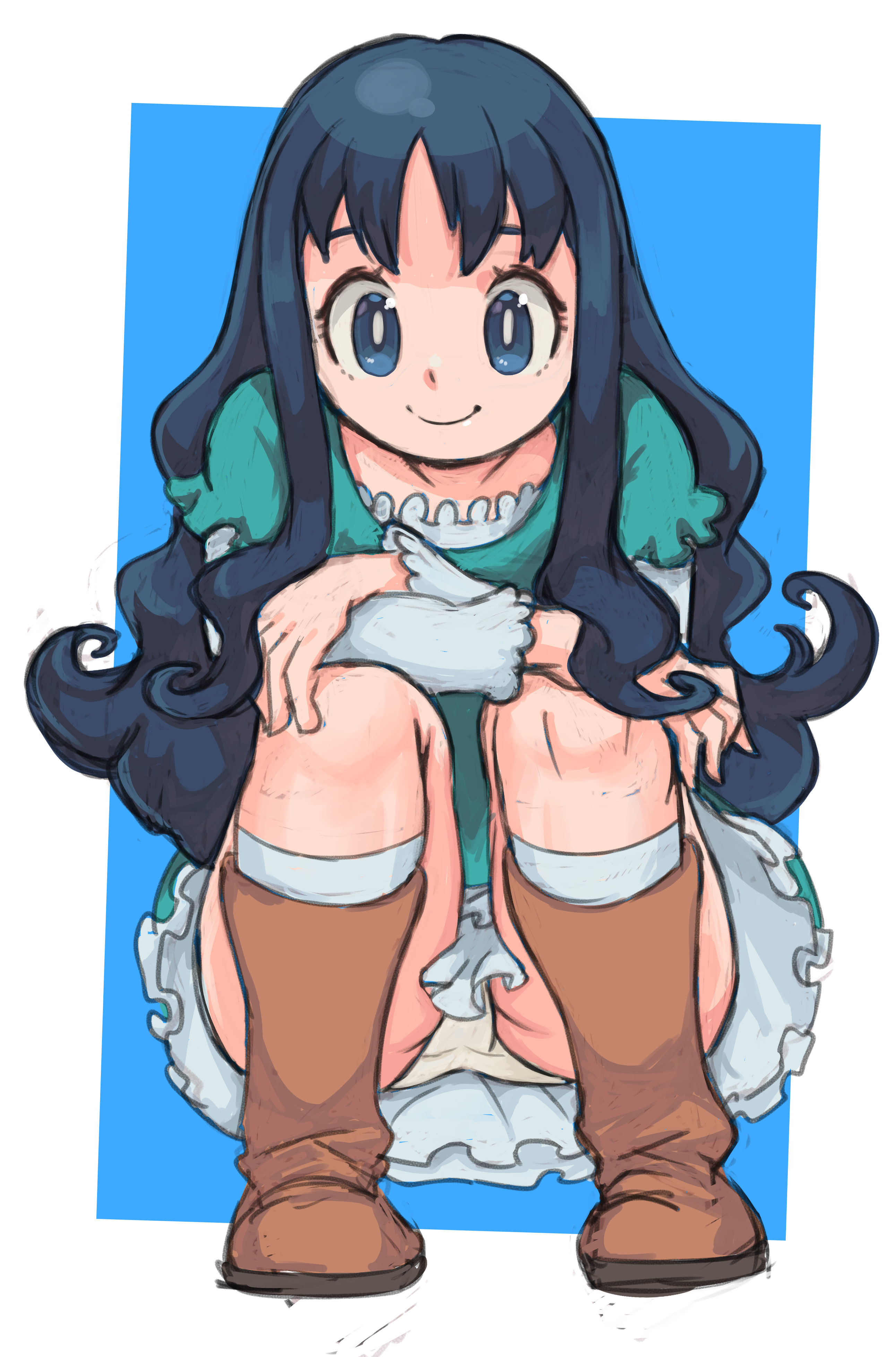 okera, kurumi erika, heartcatch precure!, precure, absurdres, hashtag-only commentary, highres, 1girl, blue eyes, blue hair, boots, brown boots, dress, frilled dress, frills, green dress, long hair, long sleeves, panties, pantyshot, smile, solo, squatting, underwear, white panties