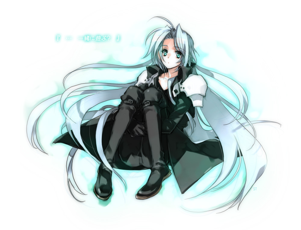 toujou sakana, sephiroth, final fantasy, final fantasy vii, silver hair, 1990s (style), 1boy, androgynous, boots, green eyes, legs up, long hair, male focus, solo, very long hair
