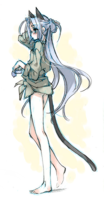 toujou sakana, sephiroth, final fantasy, final fantasy vii, silver hair, 1990s (style), animal ears, cat ears, cat tail, crossdressing, glasses, long hair, mouth hold, no pants, retro artstyle, solo, tail, trap, very long hair, walking