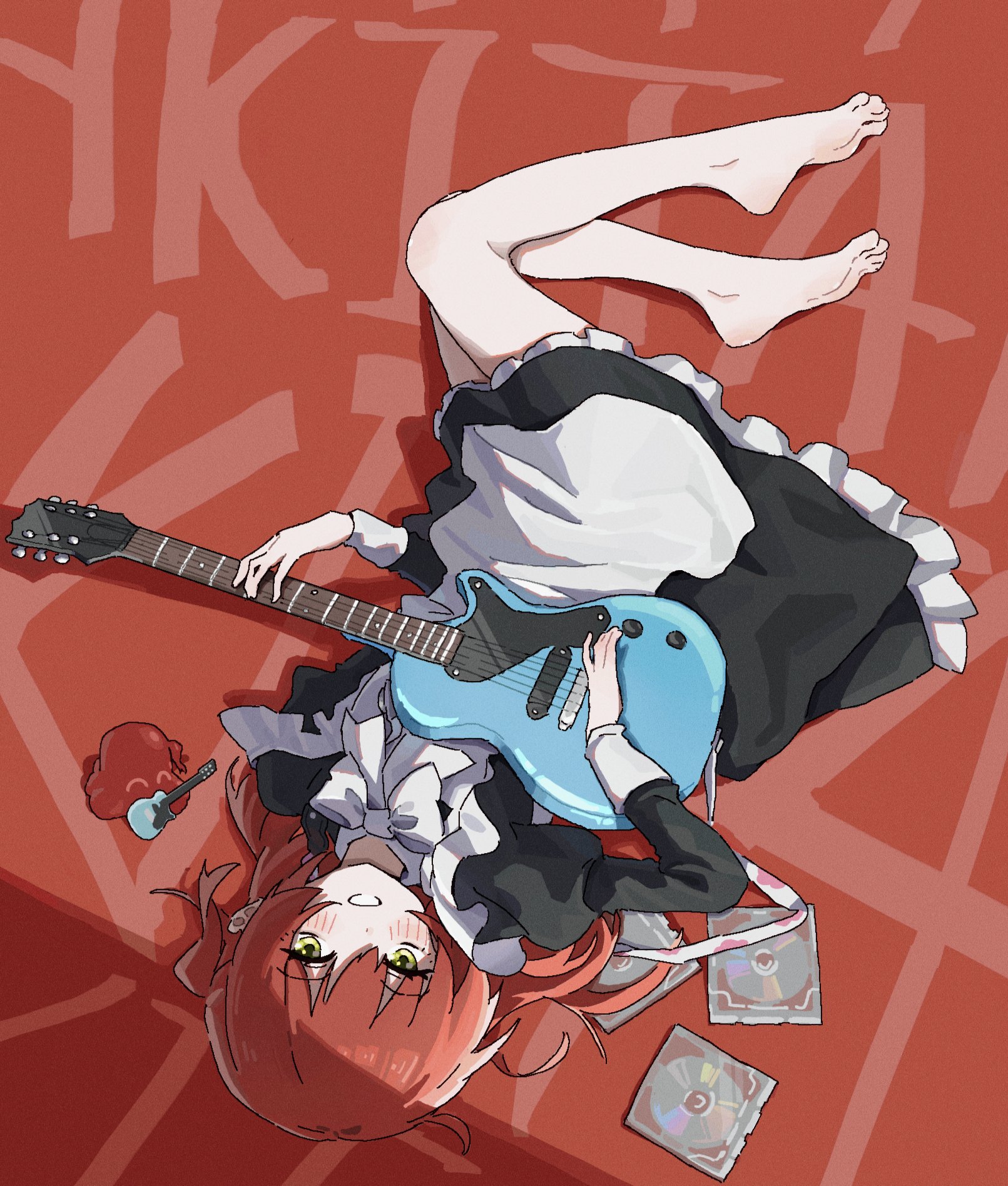 mcwanderer, kita ikuyo, bocchi the rock!, highres, apron, bare legs, barefoot, cd, cd case, green eyes, guitar, holding, holding guitar, holding instrument, instrument, long hair, maid, maid apron, red background, red hair, thighs, white apron