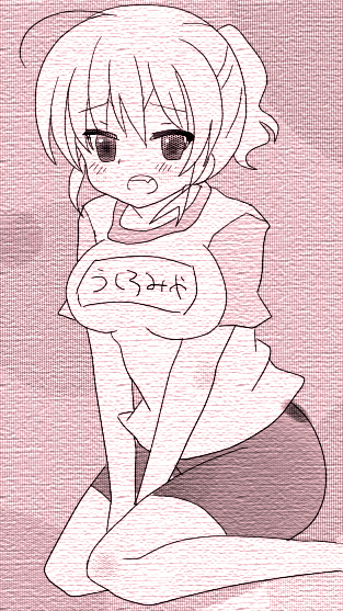 shibaoogi, ushiromiya jessica, umineko no naku koro ni, bad id, bad pixiv id, 00s, 1girl, buruma, fang, female focus, monochrome, pink theme, ponytail, solo