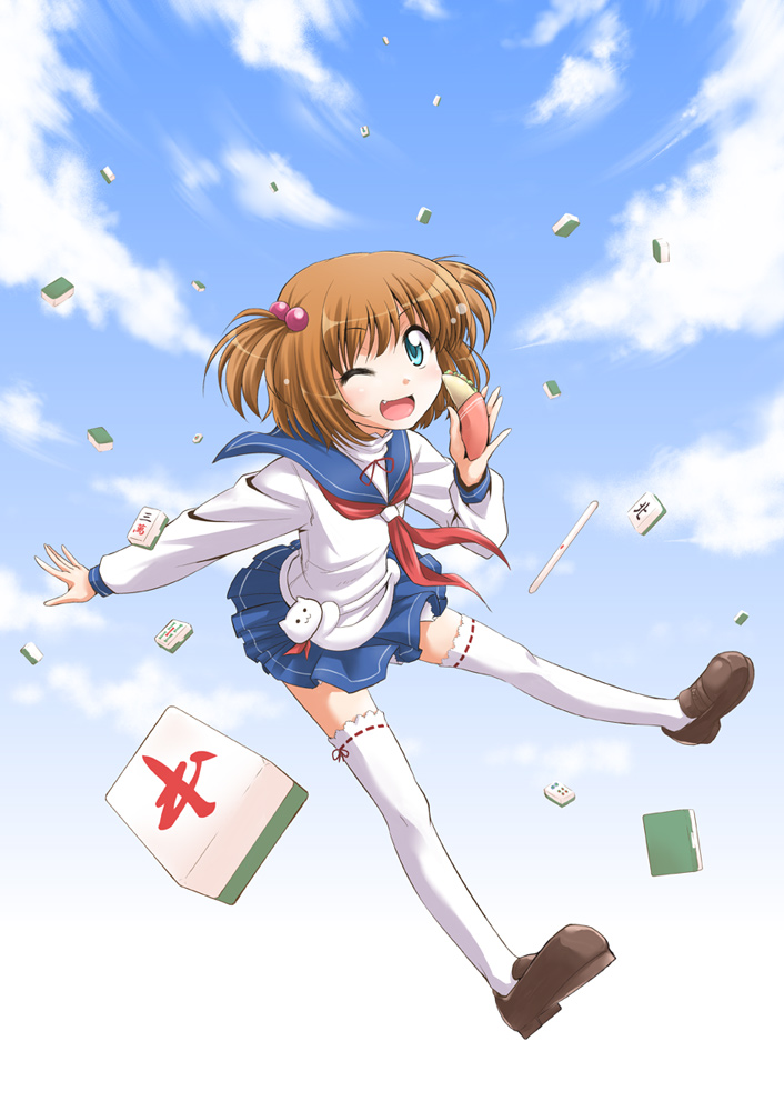 fuugetsu makoto, kataoka yuuki, saki (manga), bad id, bad pixiv id, 00s, 1girl, blue eyes, board game, brown hair, cloud, day, fang, female focus, hair bobbles, hair ornament, legs, mahjong, one eye closed, school uniform, serafuku, short hair, short twintails, skirt, sky, solo, taco, thighhighs, twintails, two side up, wink, zettai ryouiki