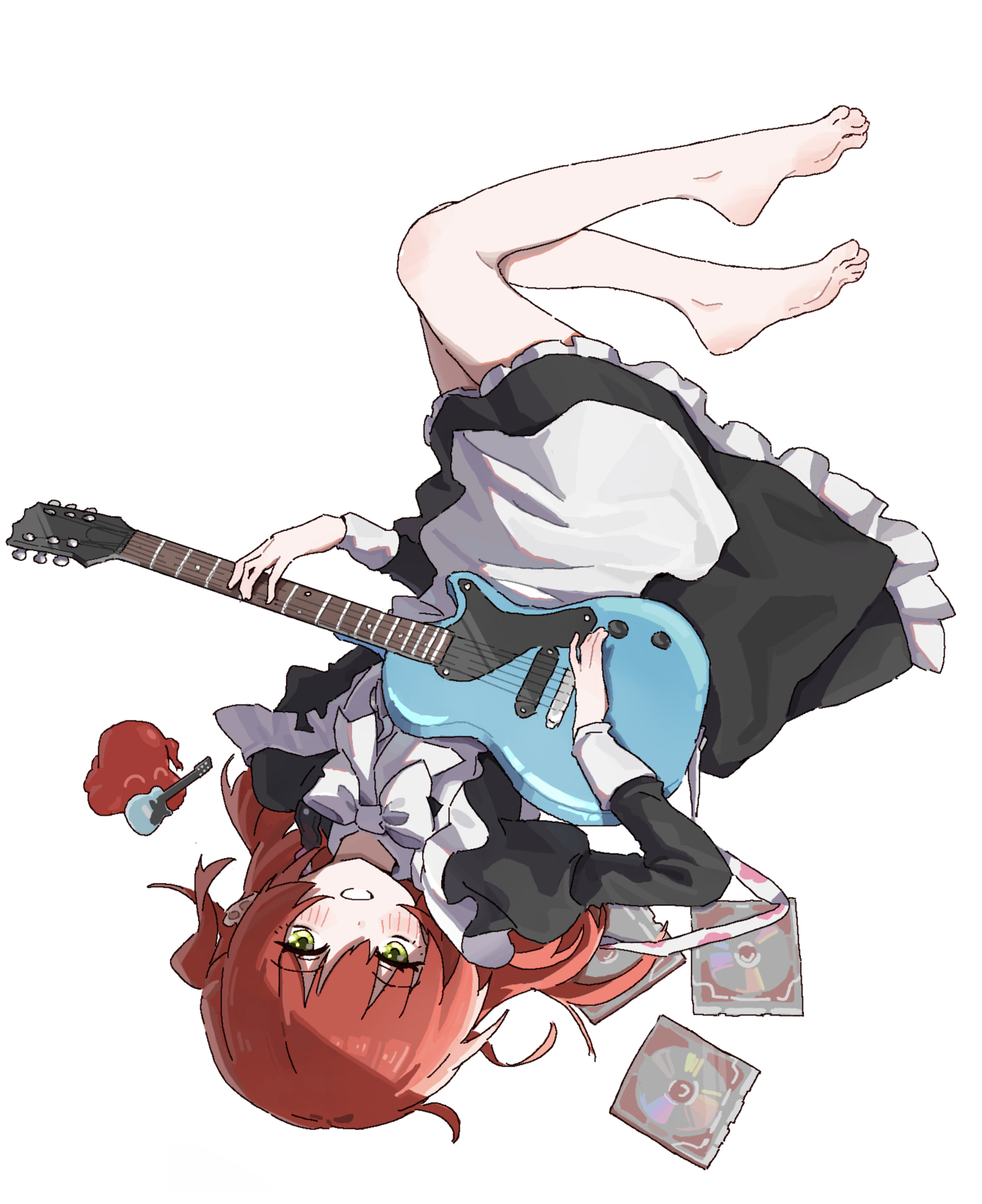 mcwanderer, kita ikuyo, bocchi the rock!, commentary request, highres, apron, bare legs, barefoot, cd, cd case, green eyes, guitar, holding, holding guitar, holding instrument, instrument, long hair, maid, maid apron, red hair, thighs, white apron, white background