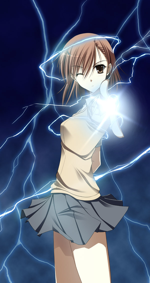 takepon, misaka mikoto, toaru kagaku no railgun, toaru majutsu no index, 00s, 1girl, brown eyes, brown hair, electricity, electrokinesis, female focus, gradient background, hair ornament, hairclip, one eye closed, school uniform, skirt, solo, sweater vest, wink