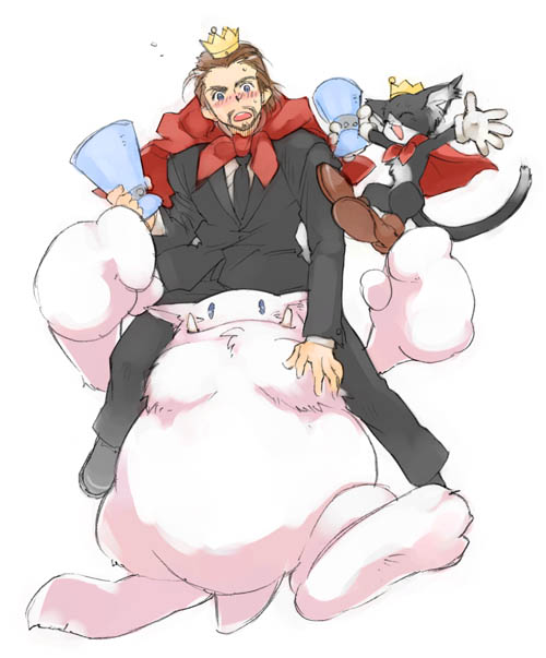 toujou sakana, cait sith (final fantasy), moogle, reeve tuesti, final fantasy, final fantasy vii, 1990s (style), brown hair, cape, cat, crown, facial hair, male focus, megaphone
