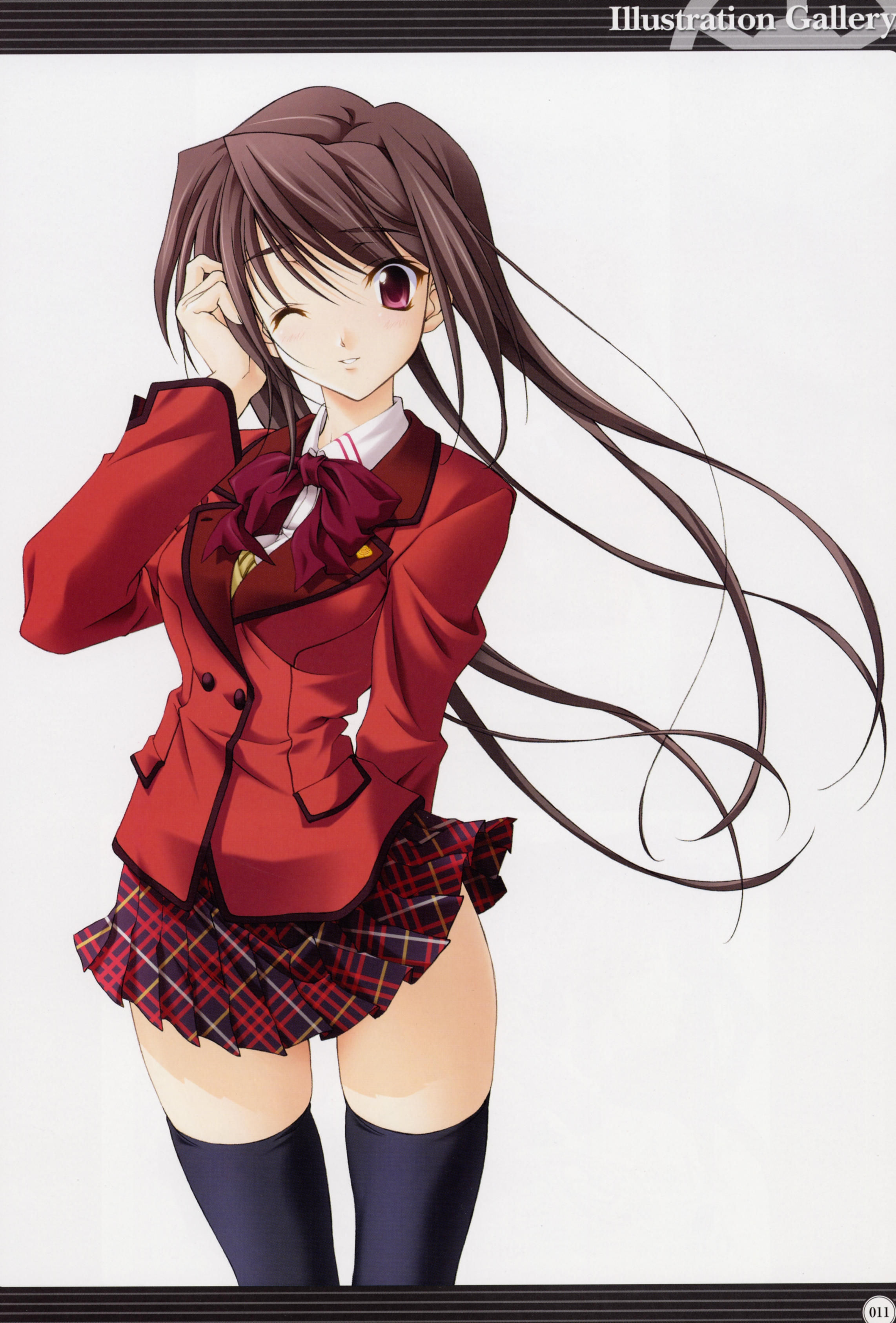 koshimizu takayuki, hina asuka, memories off, memories off#5, absurdres, highres, brown hair, long hair, one eye closed, purple eyes, school uniform, skirt, solo, thighhighs, wink