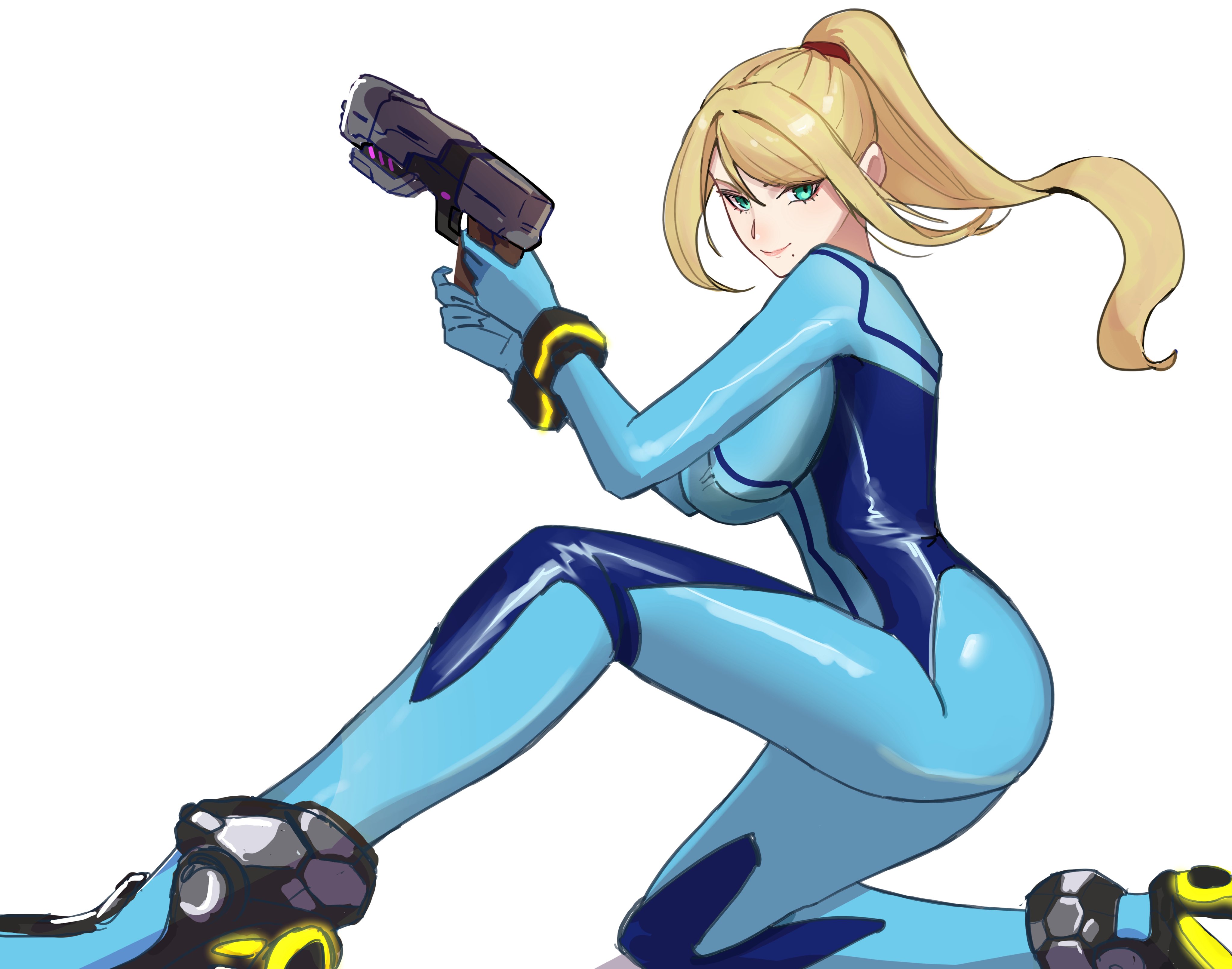 amausa subee, samus aran, metroid, nintendo, absurdres, commentary request, highres, 1girl, blonde hair, blue bodysuit, bodysuit, breasts, from side, green eyes, gun, handgun, high ponytail, holding, holding gun, holding weapon, long hair, medium breasts, mole, mole under mouth, multicolored bodysuit, on one knee, ponytail, simple background, skin tight, smile, solo, two-tone bodysuit, weapon, white background, zero suit