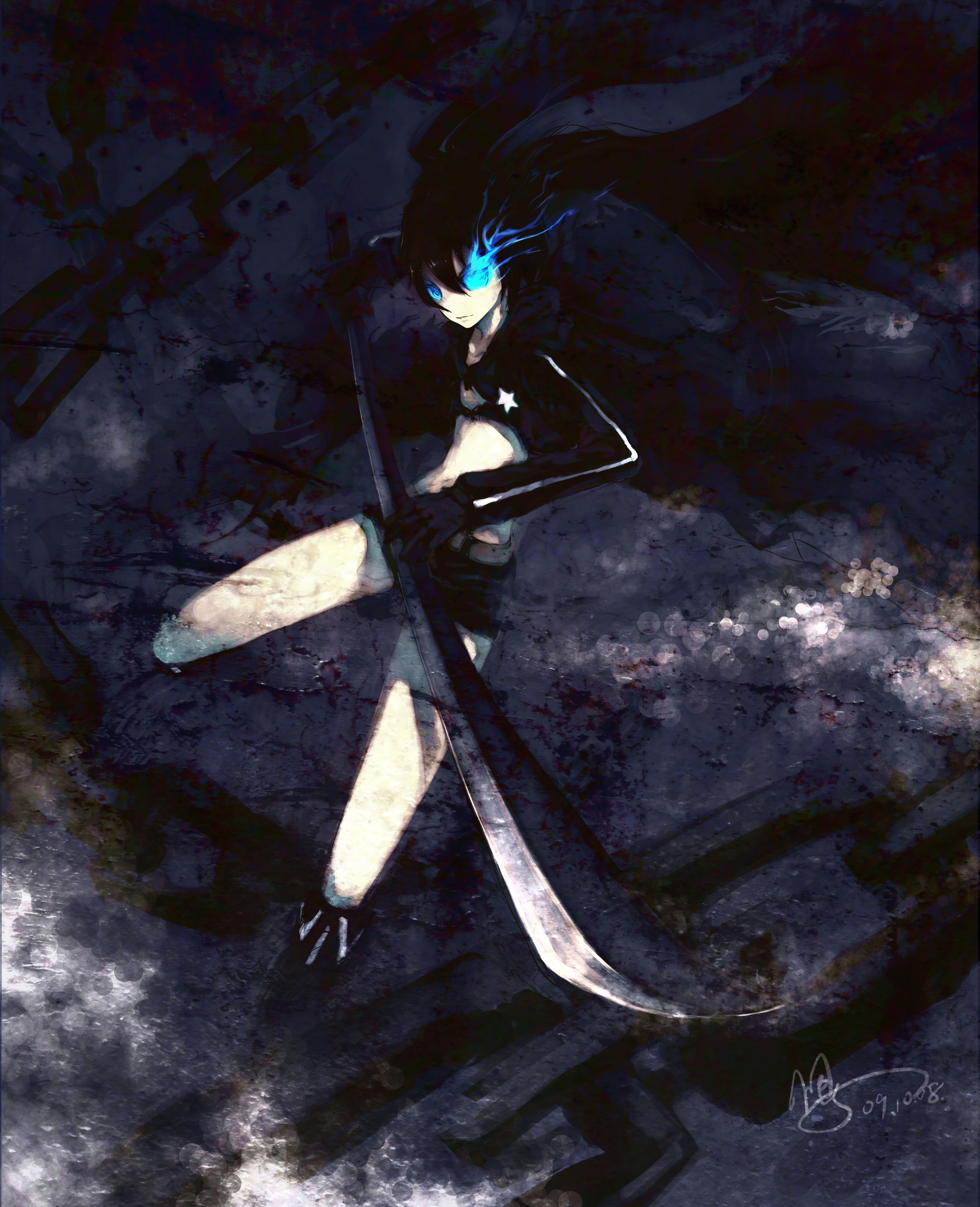 urami, black rock shooter (character), black rock shooter, absurdres, highres, 10s, belt, bikini, bikini top only, black hair, blue eyes, boots, cape, flat chest, glowing, glowing eyes, long hair, shorts, solo, swimsuit, sword, twintails, uneven twintails, very long hair, weapon