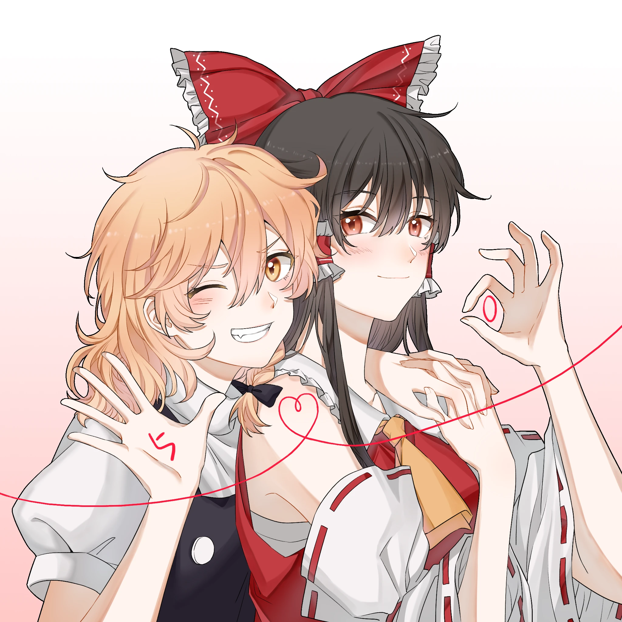 hitte5416, hakurei reimu, kirisame marisa, touhou, chinese commentary, commentary request, highres, 2girls, ascot, black bow, black jacket, blonde hair, blush, bow, braid, brown eyes, brown hair, closed mouth, detached sleeves, frilled bow, frilled hair tubes, frills, gradient background, grin, hair bow, hair tubes, heart, heart of string, holding hands, interlocked fingers, jacket, large bow, long hair, looking at viewer, multiple girls, no headwear, one eye closed, pink background, red bow, red eyes, ribbon-trimmed sleeves, ribbon trim, shirt, side braid, single braid, smile, waving, white shirt, white sleeves, yellow ascot, yellow eyes, yuri