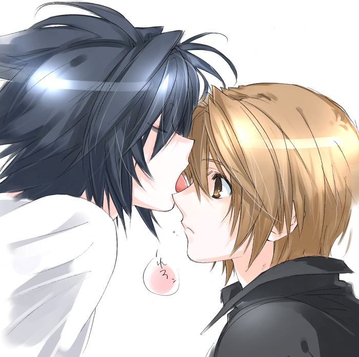 toujou sakana, l (death note), yagami light, death note, shueisha, 00s, 2boys, black hair, bottomless, brown eyes, brown hair, licking, male focus, multiple boys, short hair, tongue, white background, yaoi