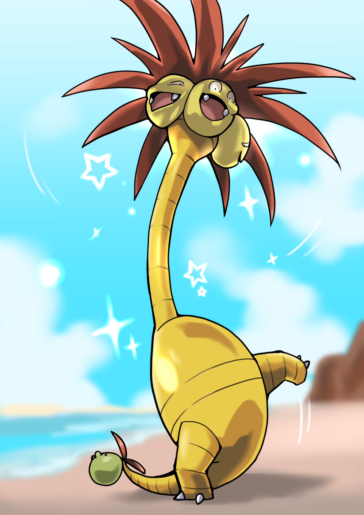 mudamudamuda, alolan exeggutor, nintendo, pokemon, commentary request, highres, alolan form, alternate color, beach, blue sky, cloud, day, fangs, full body, gen 7 pokemon, long neck, motion lines, multiple heads, no humans, open mouth, outdoors, pokemon (creature), pokemon focus, shiny pokemon, sky, smile, solo, sparkle, standing, standing on one leg, star (symbol), water