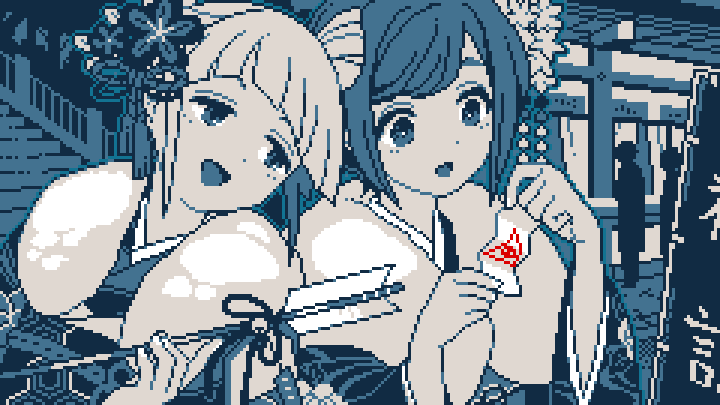 tatuta ryu, fukurai azami, jasmine (toshi densetsu kaitai center), toshi densetsu kaitai center, commentary request, 2girls, :d, alternate costume, arrow (projectile), blue theme, diagonal bangs, eye of providence, flower, fur scarf, hair flower, hair ornament, hair ribbon, hamaya, holding, holding arrow, holding paper, japanese clothes, kimono, long sleeves, looking at another, monochrome, multiple girls, new year, open mouth, outdoors, paper, pixel art, print kimono, ribbon, short hair, smile, upper body